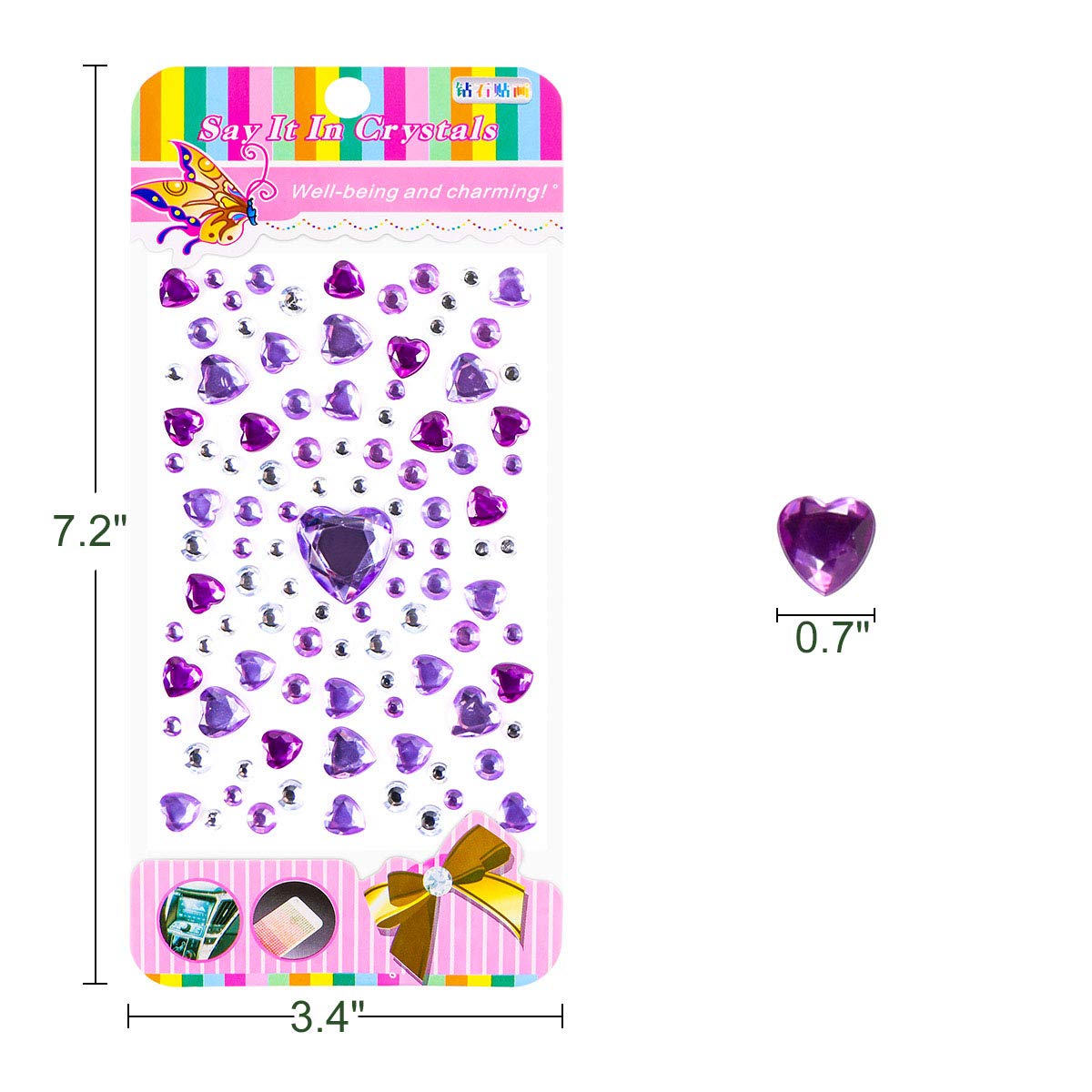 Adesivi autoadesivi a forma di cuore e di forma rotonda con strass, multicolore, con gemme di cristallo, dimensioni assortite, 4 fogli (520 pezzi