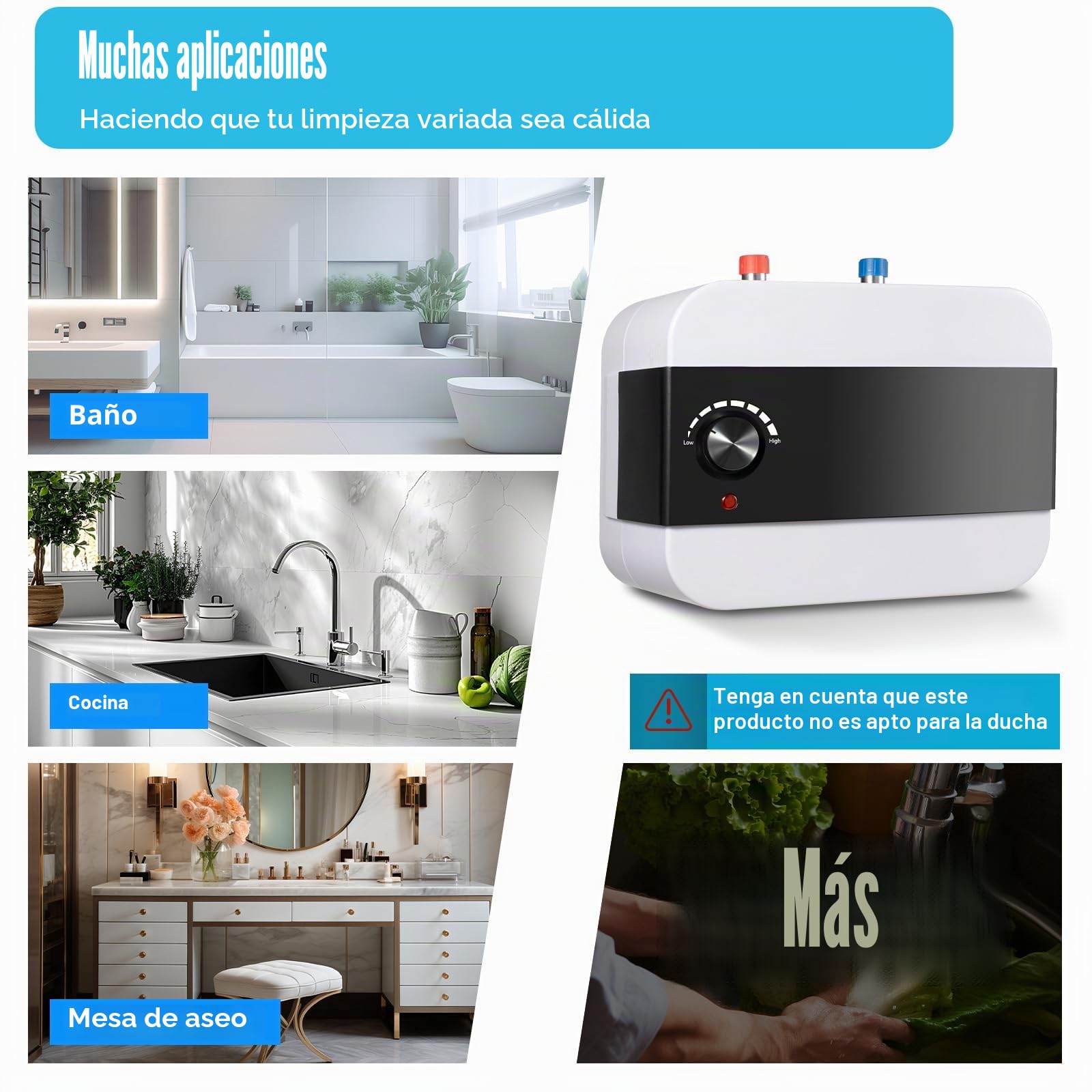 Termo Electrico, 1,5 Kw Calentador de Agua Electrico Instantaneo, Tiempo de calentamiento 8-15 minutos, Rango de ajuste de temperatura 30-65℃, Capacidad 6L, Adecuado para cocinas, baños, etc