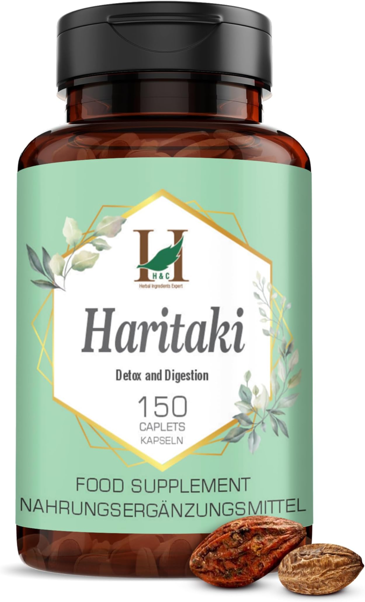 H&C Haritaki Caplets/Tablets (Terminalia Chebula) - 750mg, 150 Counts | Detoxification & Rejuvenation for Vata