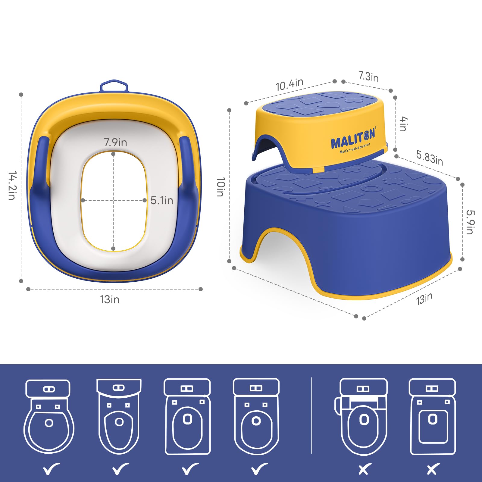 Rehausseur Toilette Enfant avec 2 Marches Pied Transportable, Reducteur Toilette de 1 à 8 Ans garçons et Filles, Coussin Anti-éclaboussures Reducteur de WC avec Marche Pied Bébé (Bleu-Jaune)