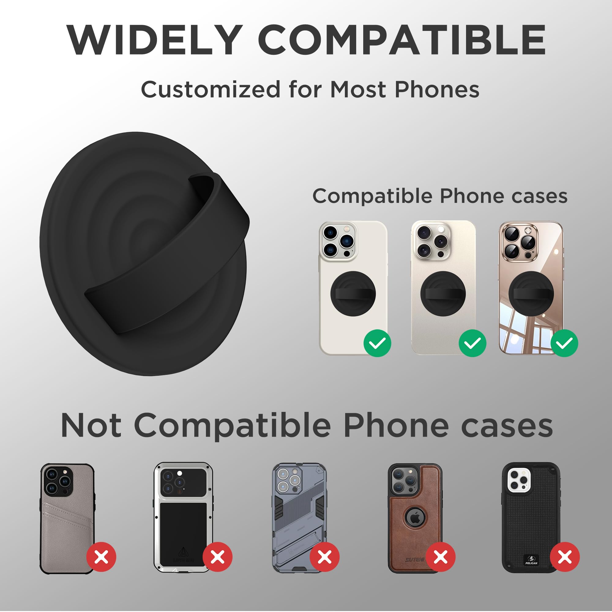 Agarre magnético mejorado para teléfono, silicona líquida suave y portátil, soporte extraíble para iPhone, fuerte atracción magnética, compatible con funda MagSafe, color negro