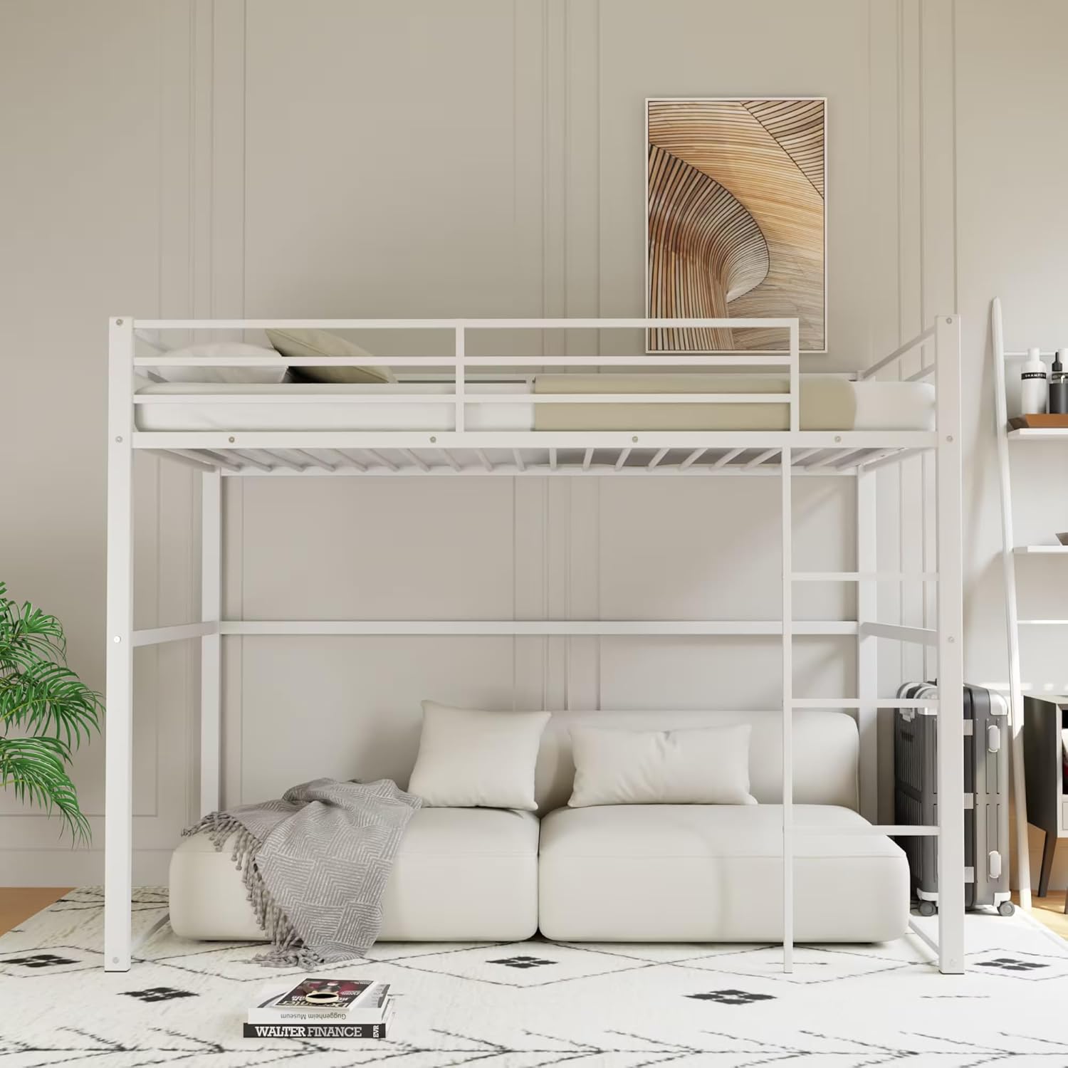 Metal Loft Bed Twin Size, Heavy Duty Loft Bed Frame with Safety Guard Rails & Flat Ladder, LoftBed for Dorm, Apartment (White, Twin)