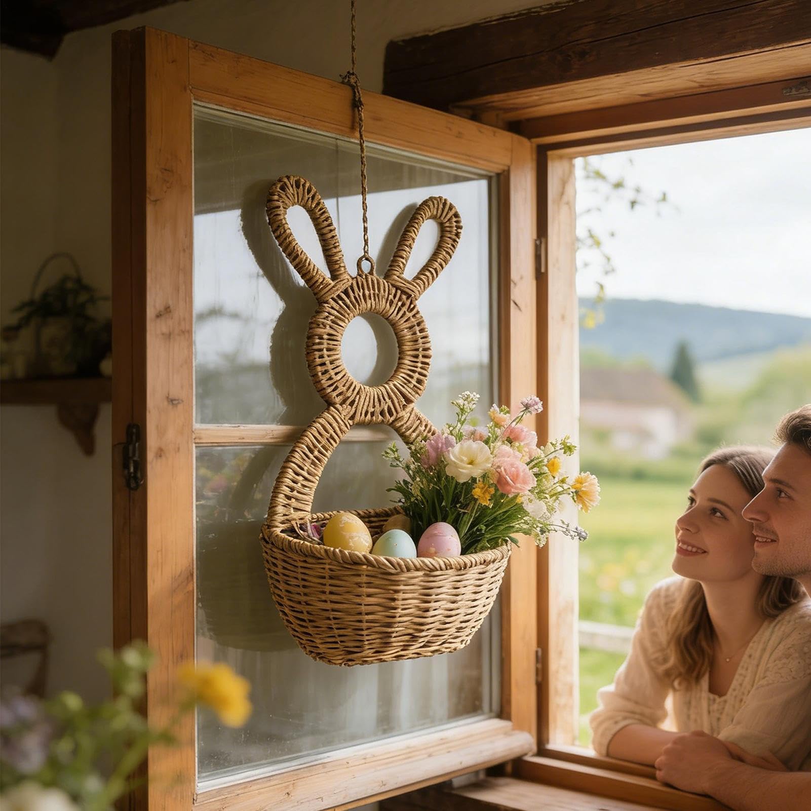 Osterhasen-Wandkorb – Rattan-gewebte Osterhasen-Dekor-Wandtasche, natürliche Weiden-Hängetasche, handgefertigter Leporid-Pflanzgefäß, Landdekoration für Zuhause, Bauernhaus, Outdoor und Zaun
