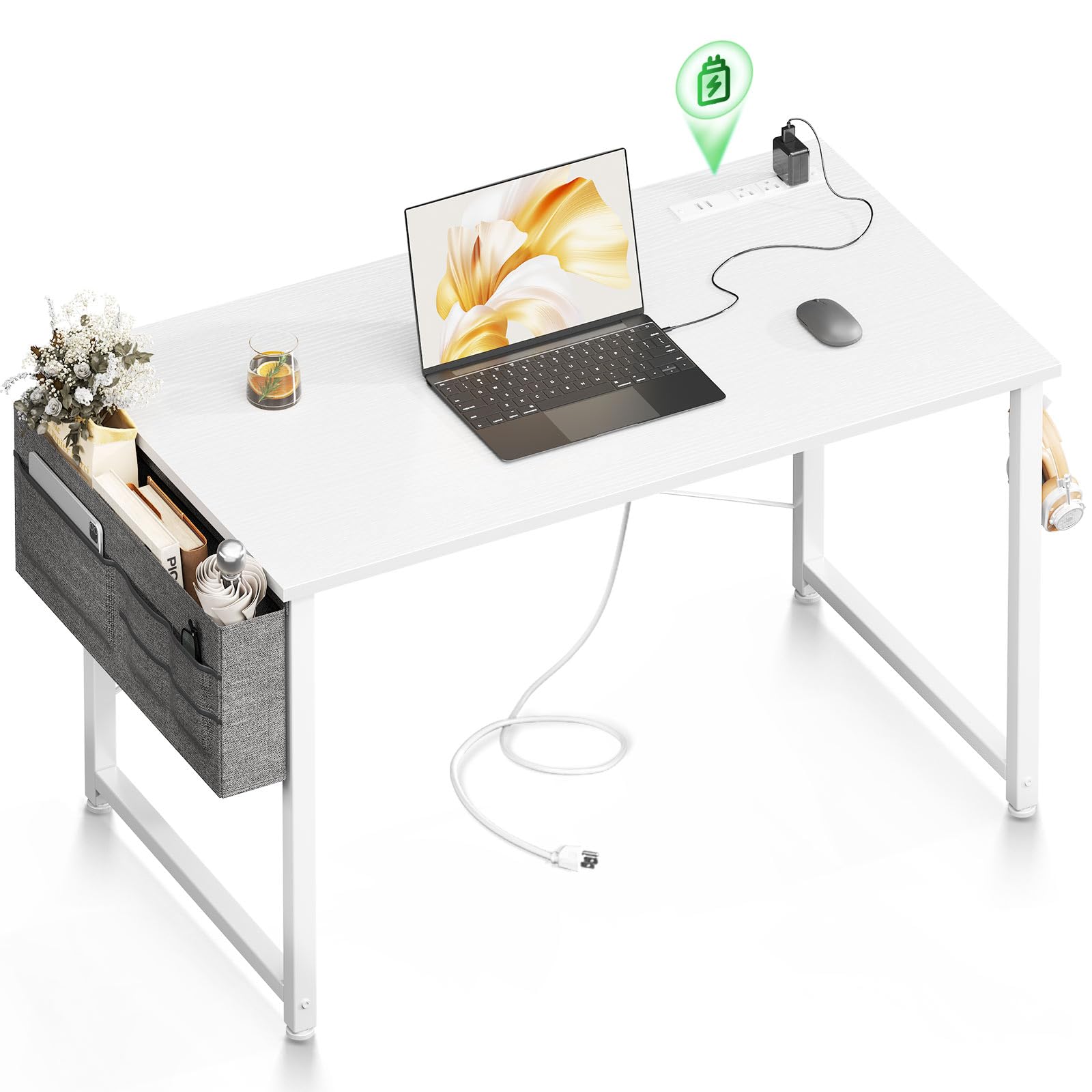 Casaottima 40 inch Computer Desk, Modern Simple Style Desk for Home Office, Study Student Writing Desk with Charging Station Outlets Built in, White
