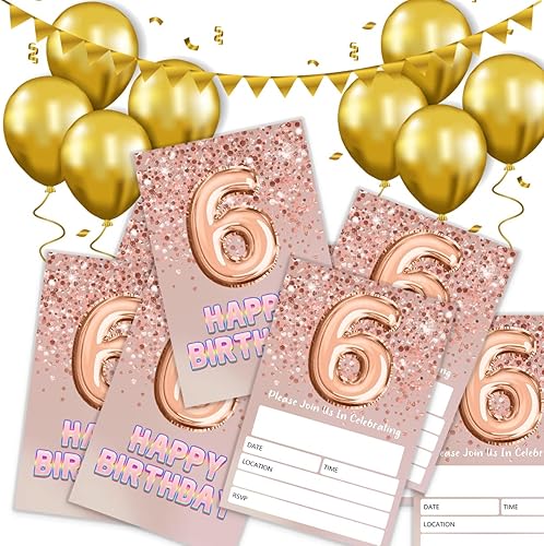 Miniatura 5 de Invitación de cumpleaños de 6 cumpleaños con purpurina de oro rosa. Invitación de cumpleaños de 6 años para niñas, celebración de fiesta,