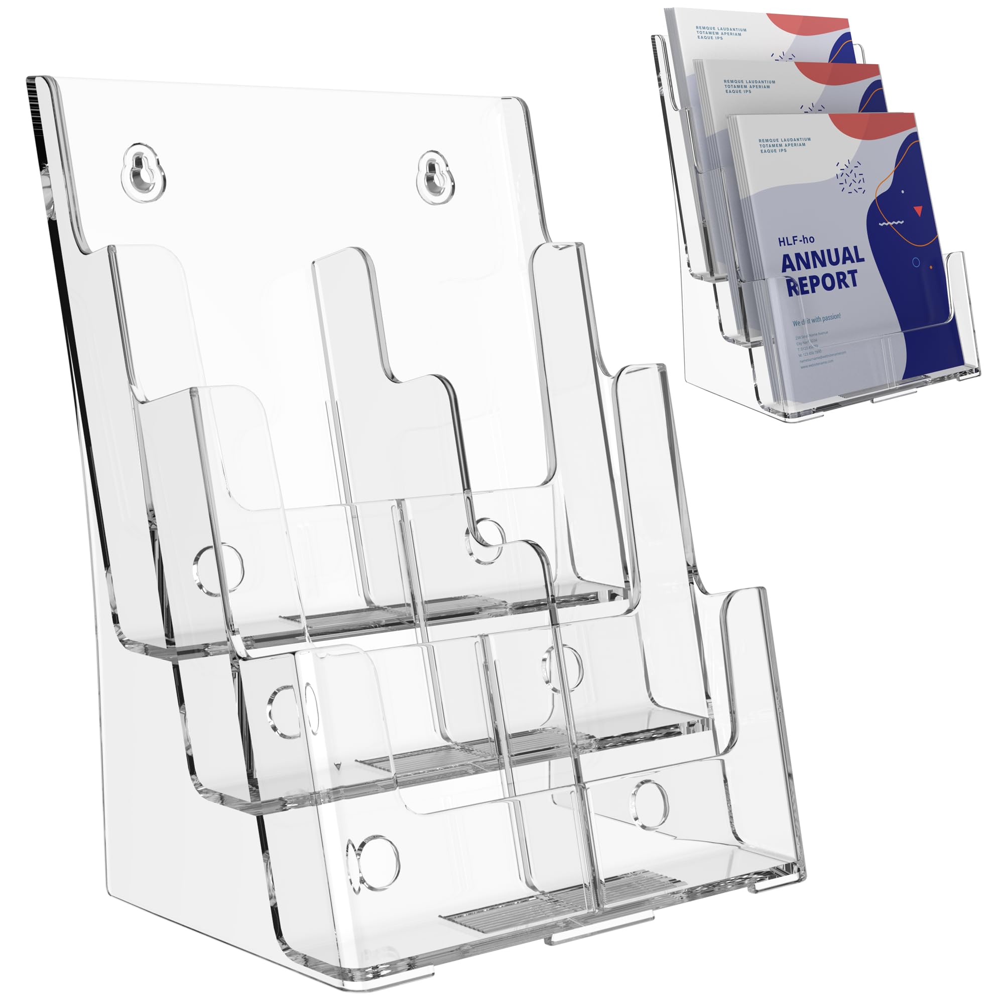 HLF-ho Brochure Holder 8.5x11 Inch 3 Tier with Removable Divider for 4x9 inch Clear Acrylic Pamphlet Display Stand Holder Countertop Use or Wall Mount