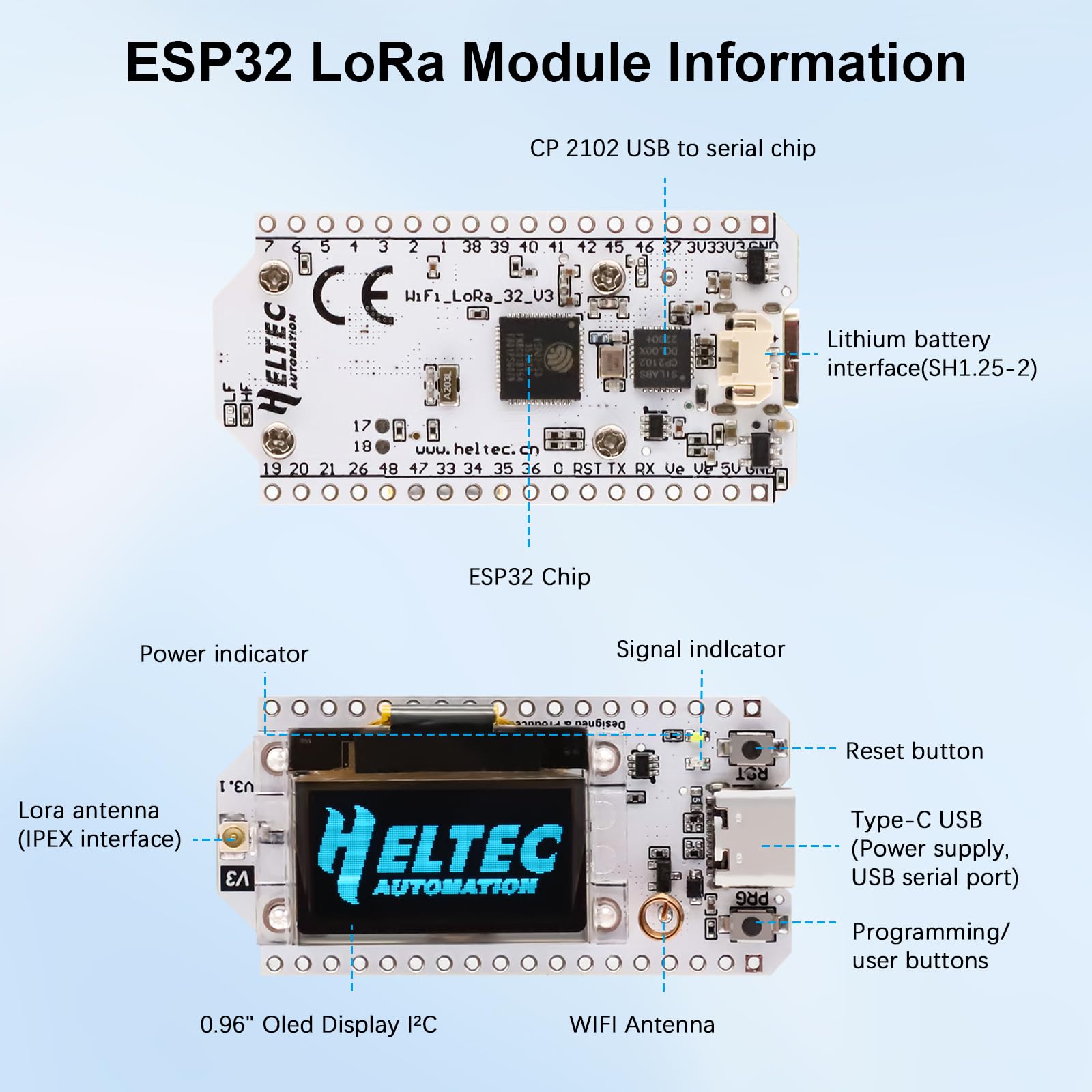 Lora ESP32 V3 Placa de Desarrollo AYWHP Meshtastic Lora ESP32 Módulo con Pantalla OLED y Antena 863 928MHZ WiFi Bluetooth Módulo IoT Junta Dual Core 240MHz para Arduino