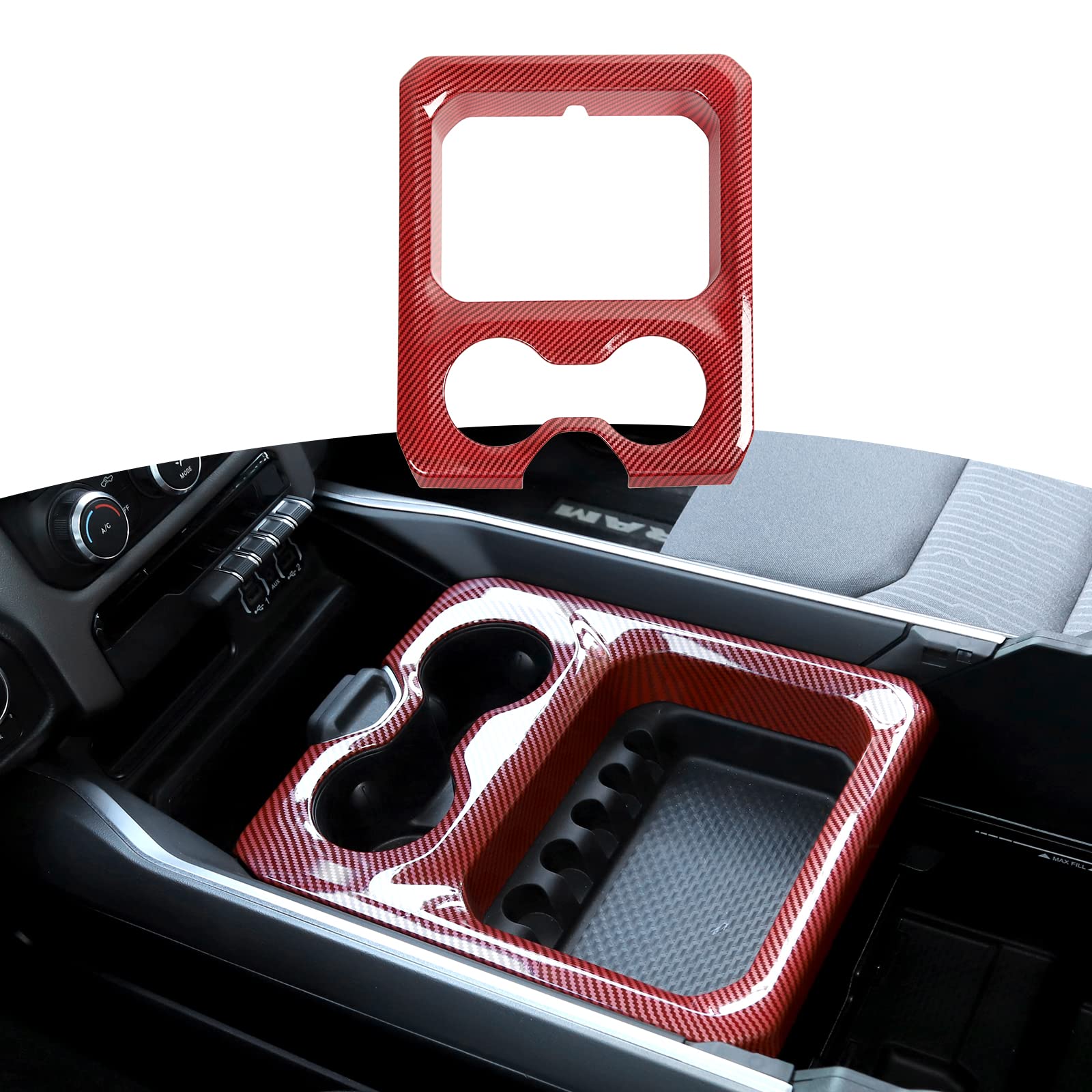 RT-TCZ for RAM Center Console Cup Holder Storage Box Trim Cover Frame for Dodge RAM 2018-2023 Red Carbon Fiber Interior Accessories