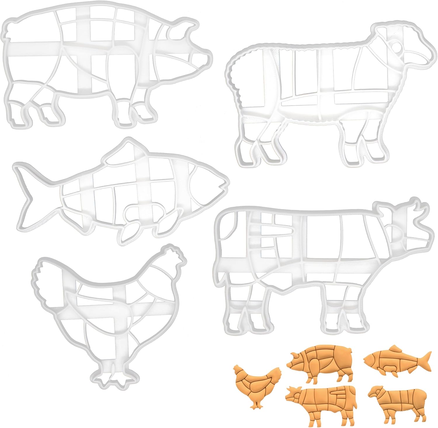 Set of 5 Butcher Cut cookie cutters (Designs: Chicken, Cow, Pig, Lamb and Fish), 5 pieces - Bakerlogy