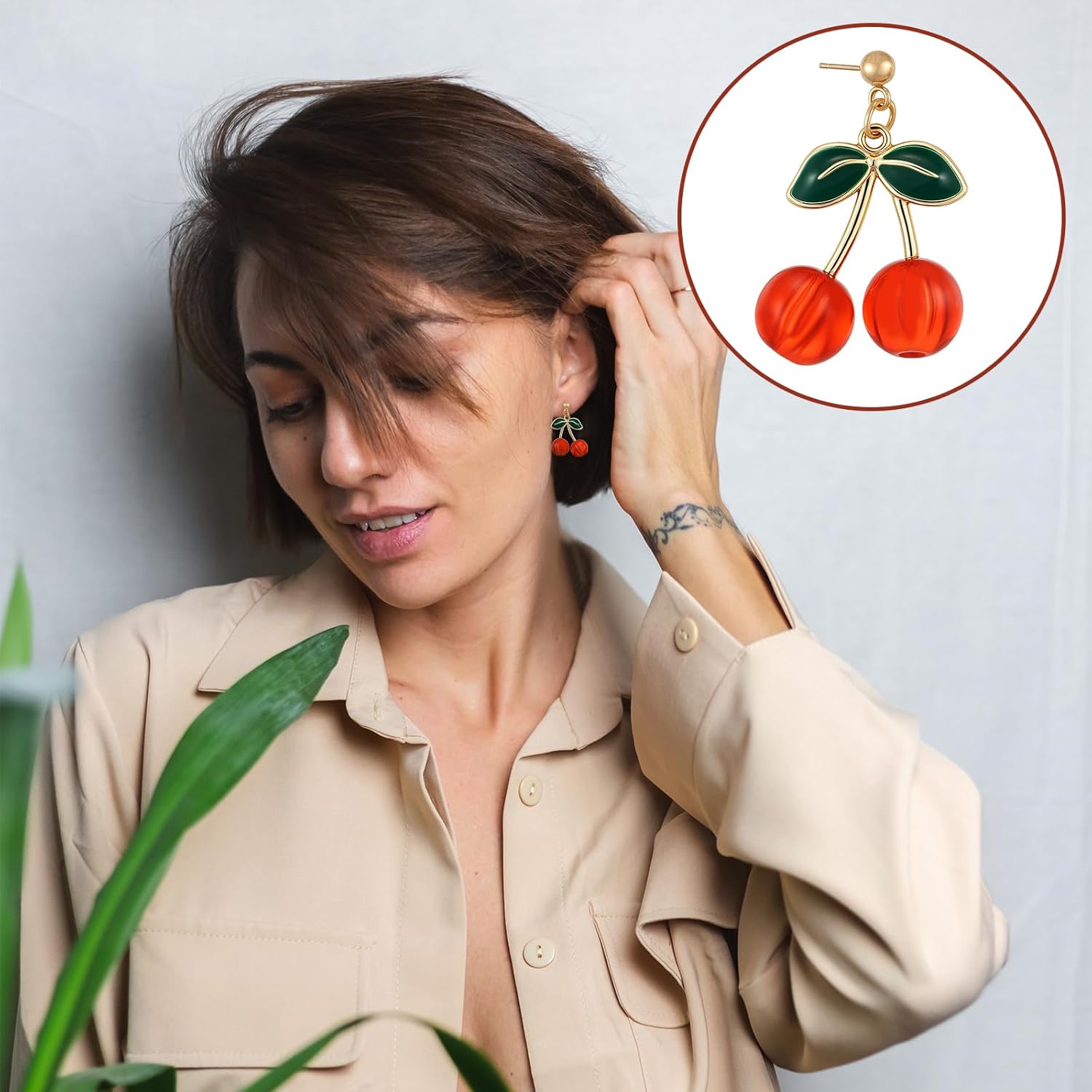 3D Cherry Earrings for Women, Gold Plated Sweet Cute Cherry Earring Accessories, Creative Light Weight Fruits Tassel Dangle Drop Green Leaf Earrings for Women - Image 7