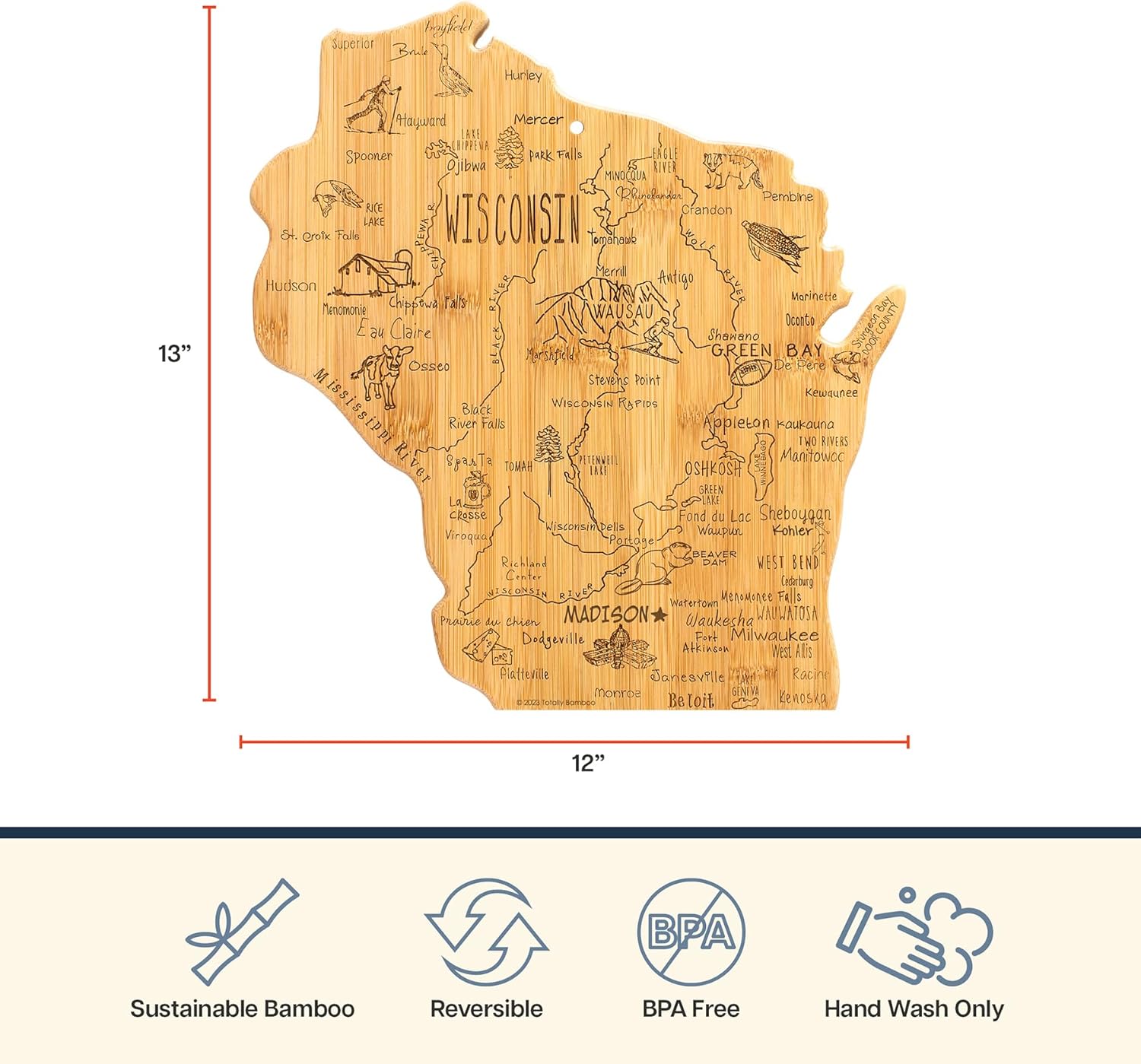 Totally Bamboo Destination Wisconsin State Shaped Serving and Cutting Board, Includes Hang Tie for Wall Display - Image 5
