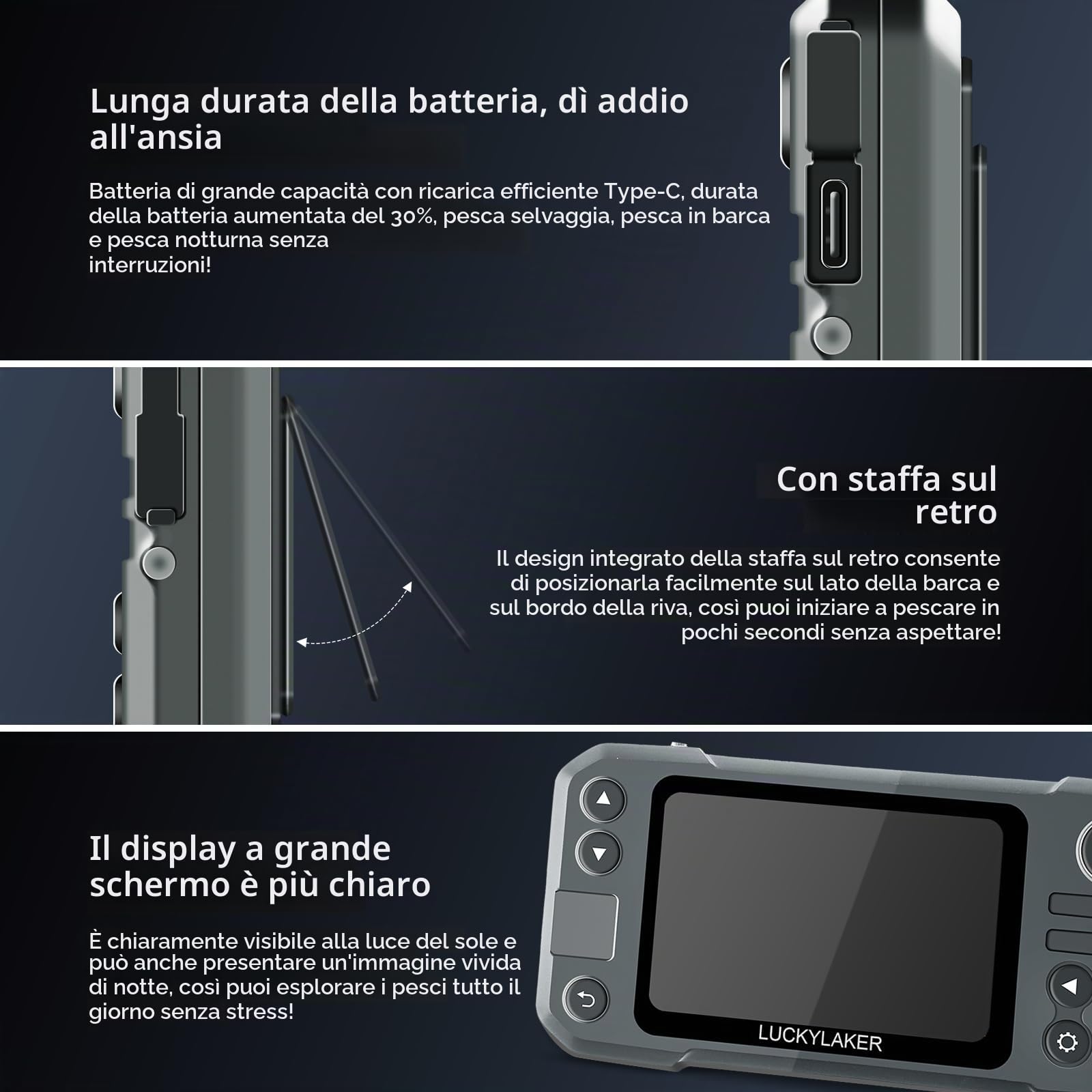LUCKY Ricercafischi portatile per kayak con trasduttore sonar wireless, ricaricabile a mano per barche e rilevatore di profondità dei pesci per la pesca MT-202