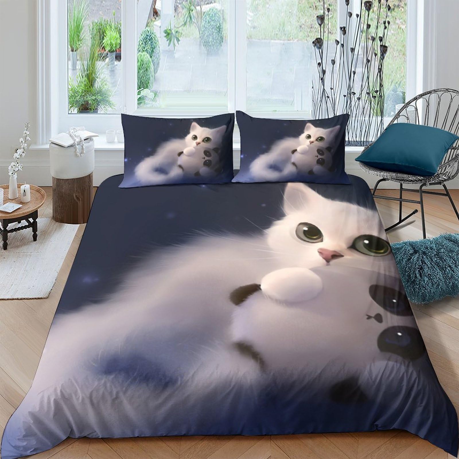 Ctjqhvkz Style-3 3D Printed Fluffy White Cat Fitted Sheet Microfiber Soft Breathable Cute Kitten Bed Cover For Bedroom Dorm Guest Room Decor Single（135X200cm）