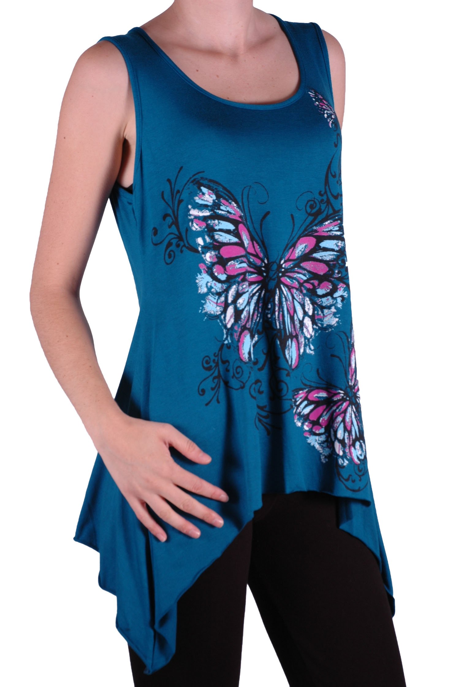 EyeCatch - Kayla Butterfly Ladies Sleeveless Long Stretch Vest Top Ladies Plus Size Teal XL 16-18