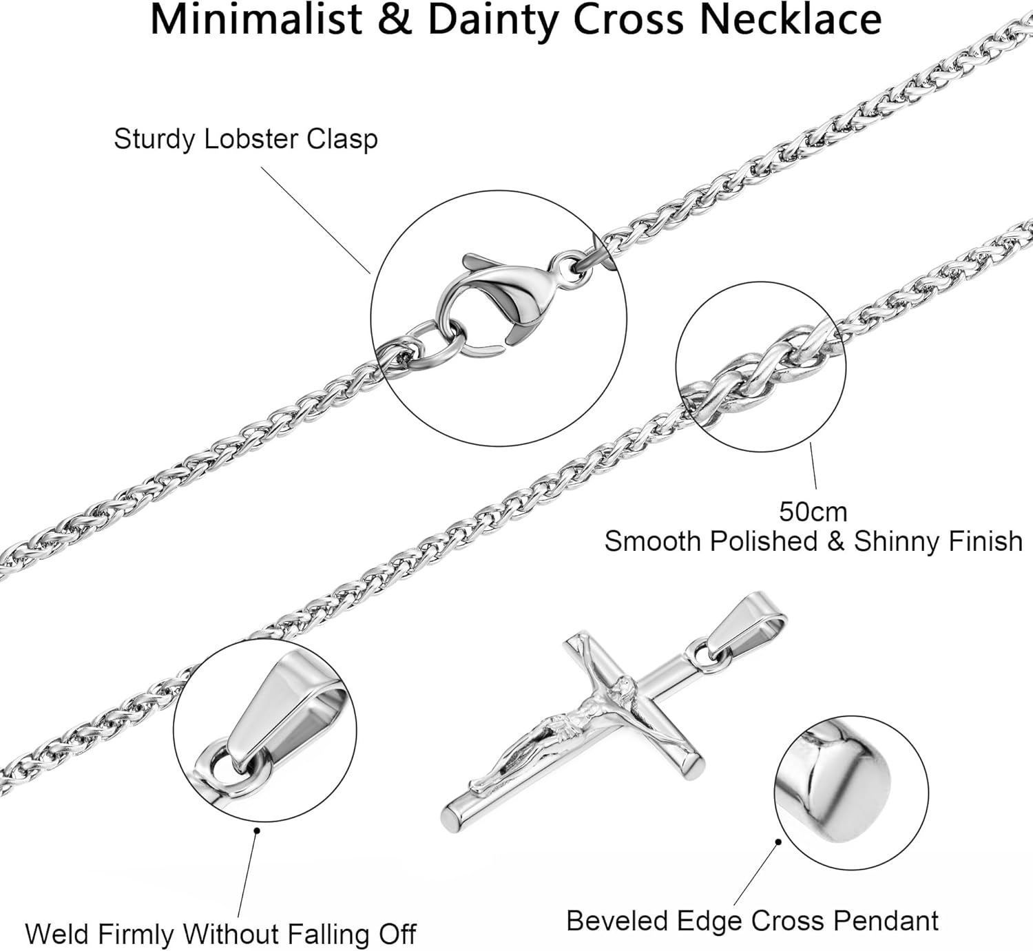 Speroto Jesus Cross Necklace for Men, Silver and Gold Mens Carved Jesus Cross Pendant with Wheat Chain, Simple Jewelry Gift for Men Women - Image 2