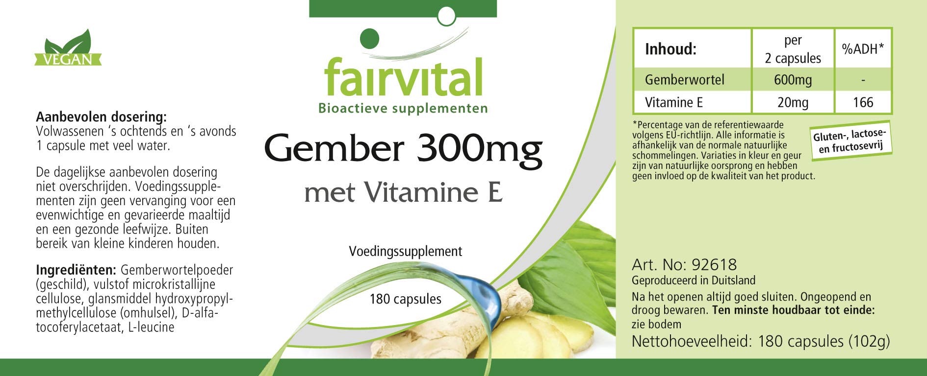 fairvital Ingwer Kapseln 300mg mit Vitamin E, 180 Kapseln, schluckfreundlich, HOCHDOSIERT, VEGAN