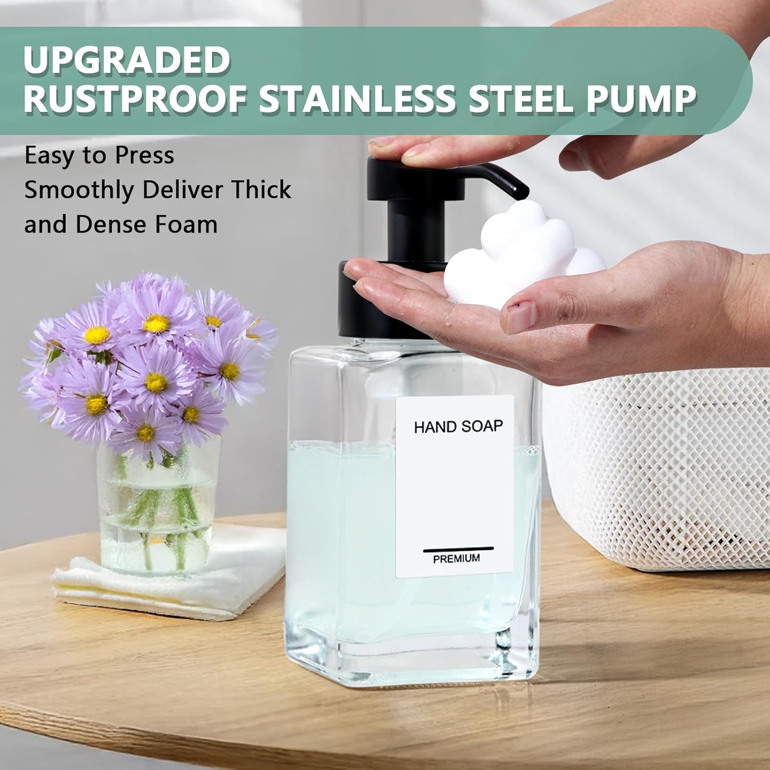 Foaming Soap Dispenser 2 Pack, 12oz/350ml Glass Foaming Hand Soap Dispenser Set with Stainless Steel Pump, Square Refillable Foam Pump Bottles for Bathroom&Kitchen,Includes 6 Labels - Image 4