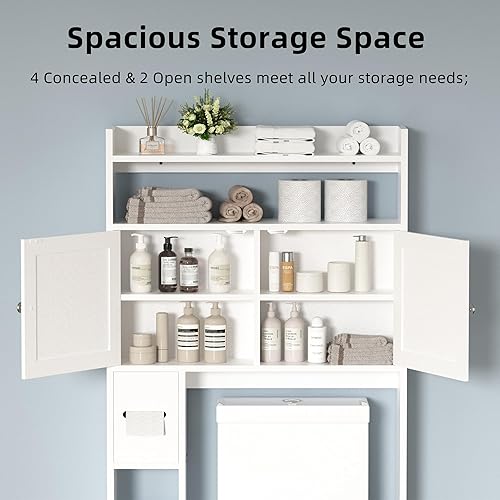 Miniatura 3 de Armario de almacenamiento sobre el inodoro con soporte de papel higiénico, 7 niveles de almacenamiento sobre el inodoro con estantes y puertas,