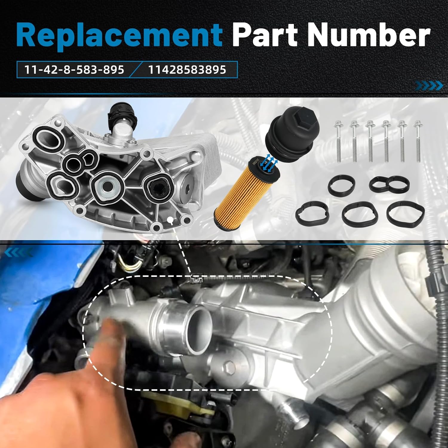 11428583895 Aluminium Engine Oil Cooler Filter Housing Assembly Compatible with 2016-2021 BMW 340i 440i 540d 540i 640i 740i M240i X3 X4 3.0L Replace# 11428511391