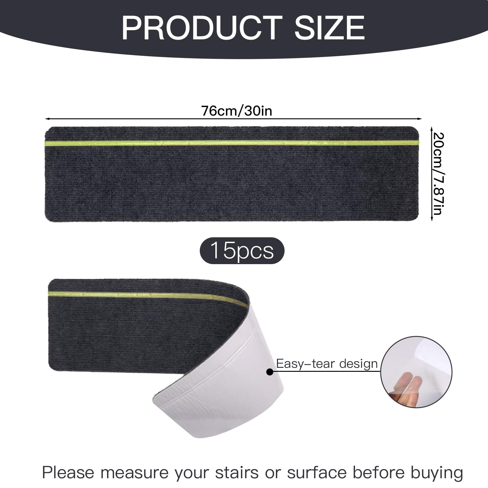 15 Stück Treppenmatten mit Glow in Dark Streifen, Treppenstufen Matten, 76 x 20 Treppenmatten Selbstklebend für Holztreppen, 100% Polyester TPE Rückseite Treppenteppich für Ältere, Haustiere (Schwarz)