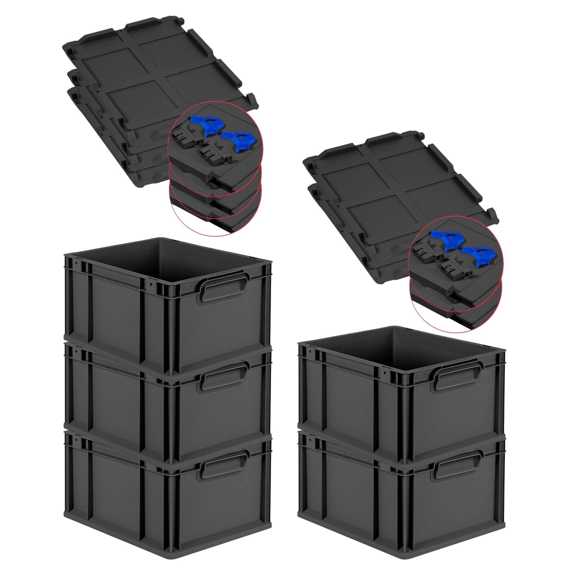 PROREGAL SuperSparSet 5x Eurobox NextGen Grip mit Scharnierdeckel & blauen Schiebeschnappverschlüssen, HxBxT 22x30x40cm, 20L, Schwarz, Griffe zu, Eurobehälter, Transportbox, Transportbehälter
