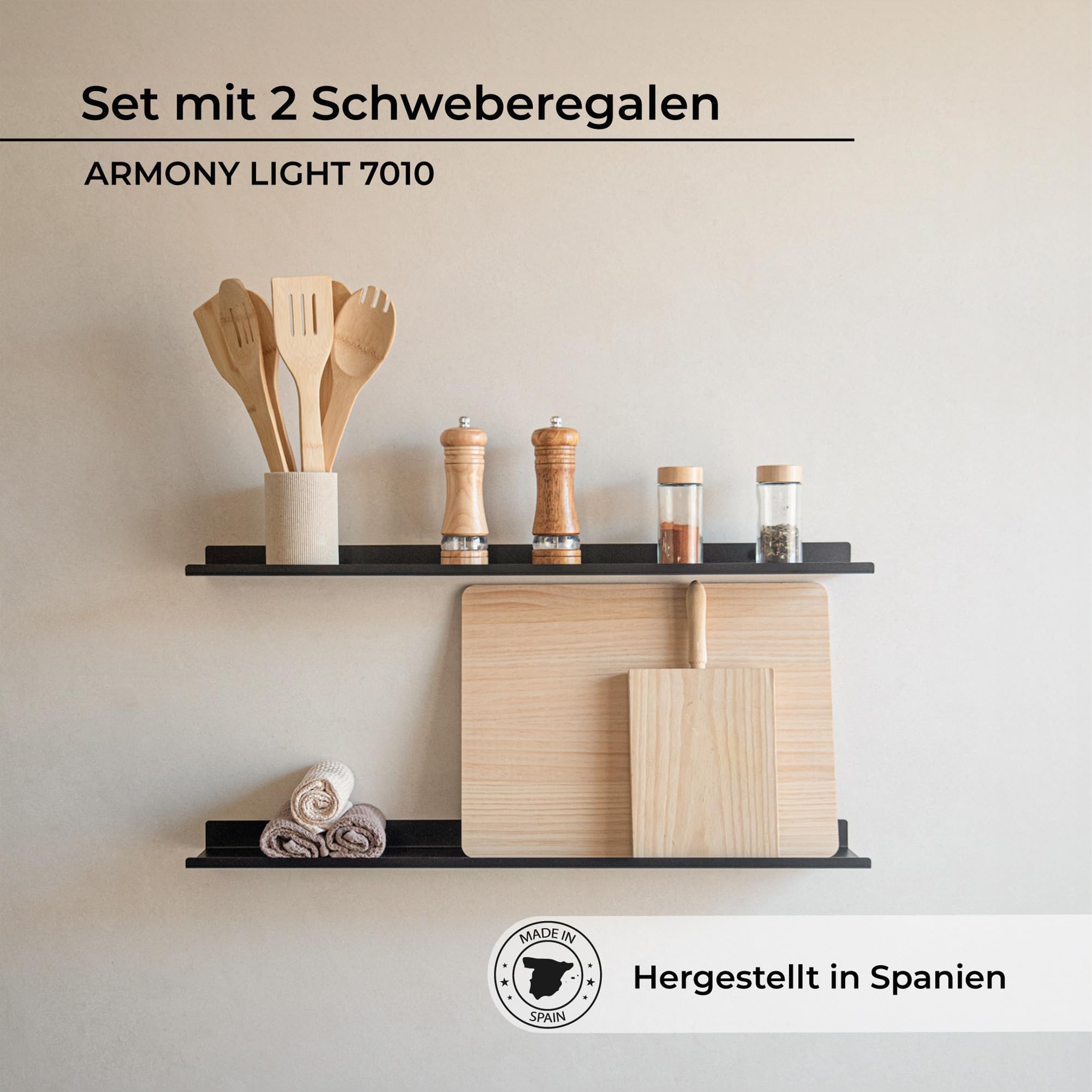 MILUKA Wandregal Schwarz aus Metall 70 x 10 cm, 2er Set, kombinierbar | Schmales Schweberegal und Bilderleiste für Bilder, Kosmetik, Fotos und Bücher, verhindert Herunterfallen, Made in Spain