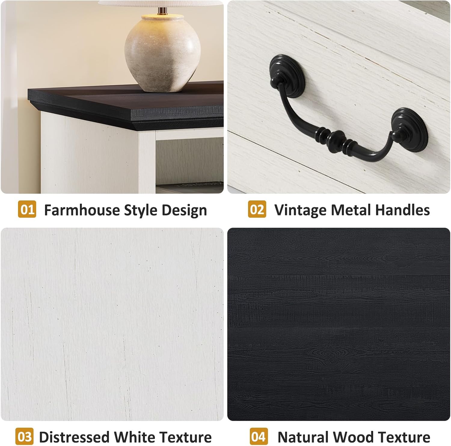 Farmhouse Nightstands Set of 2-25.6" Tall & 23.6" Wide Night Stands with 2 Drawers & Open Storage Shelf- Sturdy Thick Base & Vintage Handles for Bedroom - Distressed White and Black