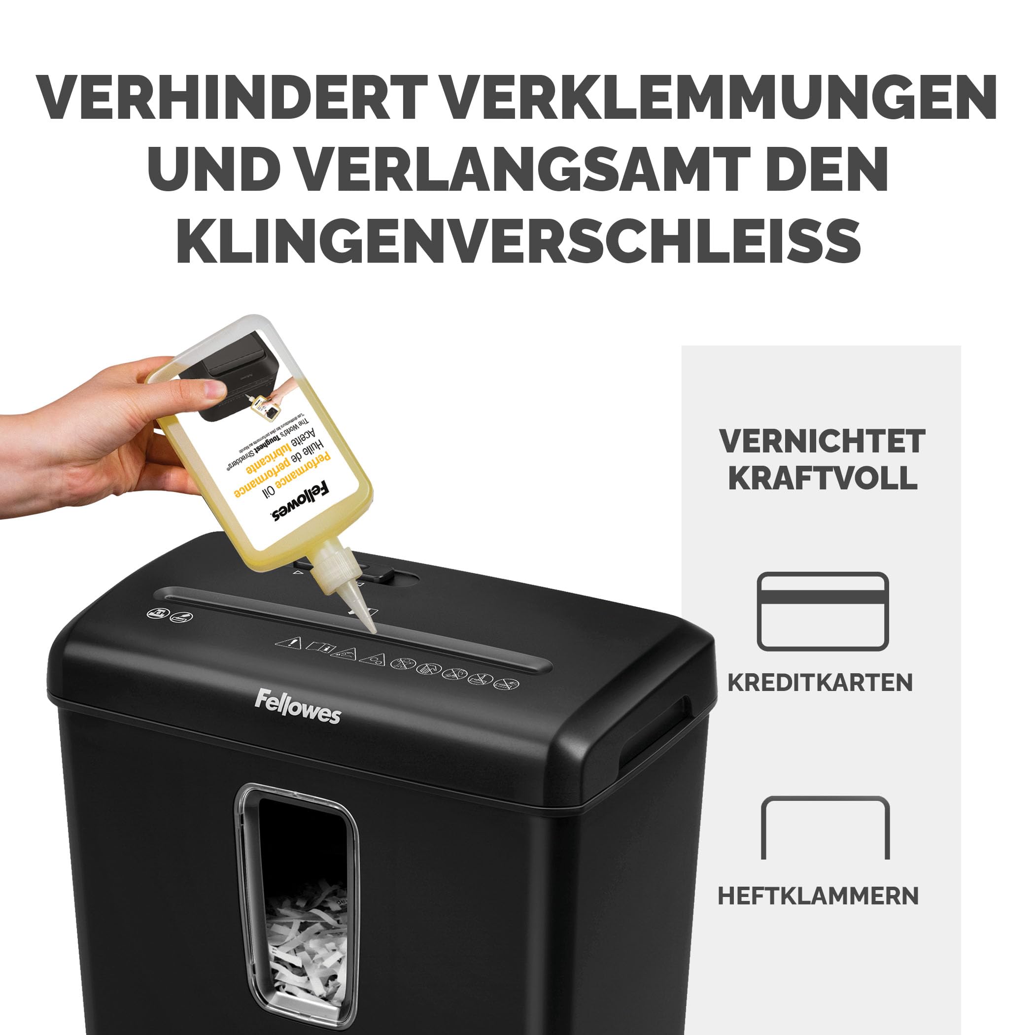Fellowes Aktenvernichter FS-6C Premium Bundle mit Öl, Papierschredder, 6-Blatt-Partikelschnitt, Aktenvernichter P4, Schredder für Büro und Homeoffice, 15L Papierkorb, verarbeitet Kreditkarten, Schwarz