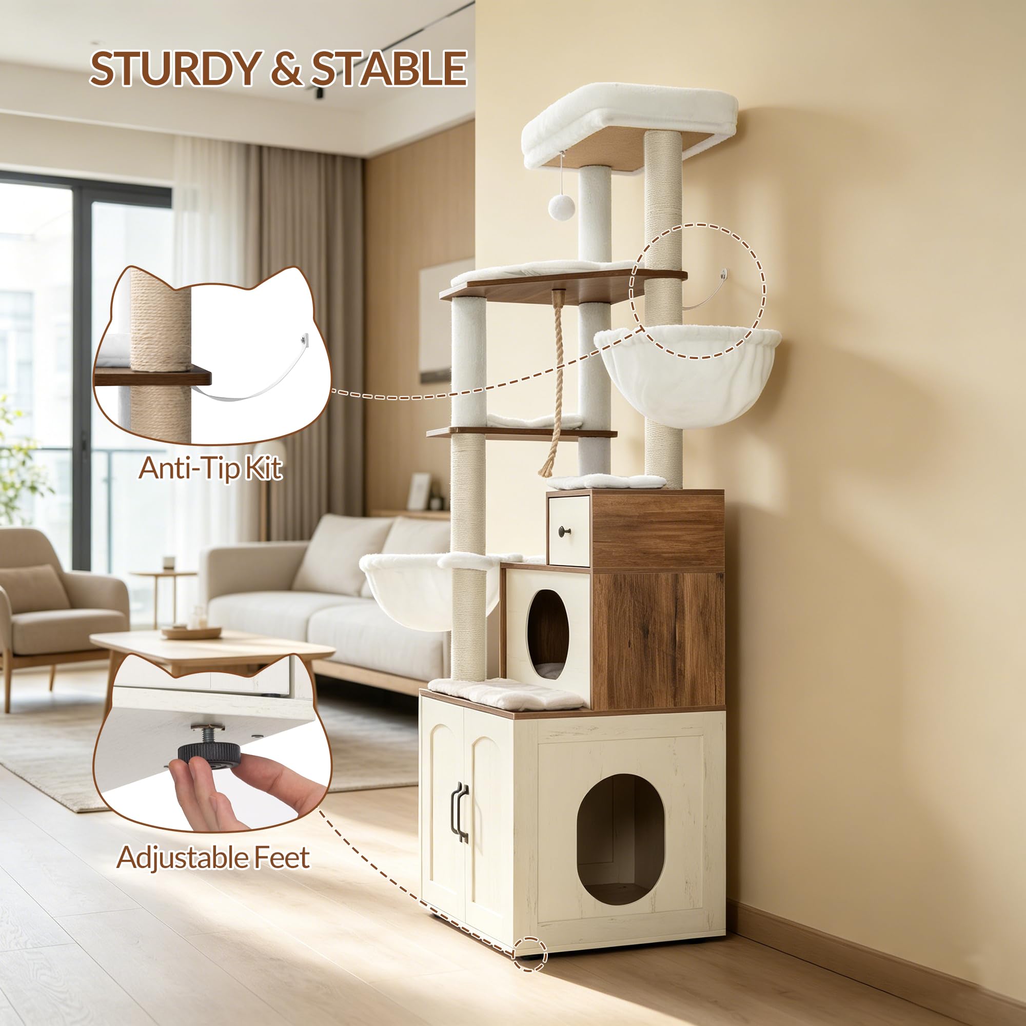 Torre per Gatti con Mobile per Lettiera, 180 cm, Bianco e Marrone