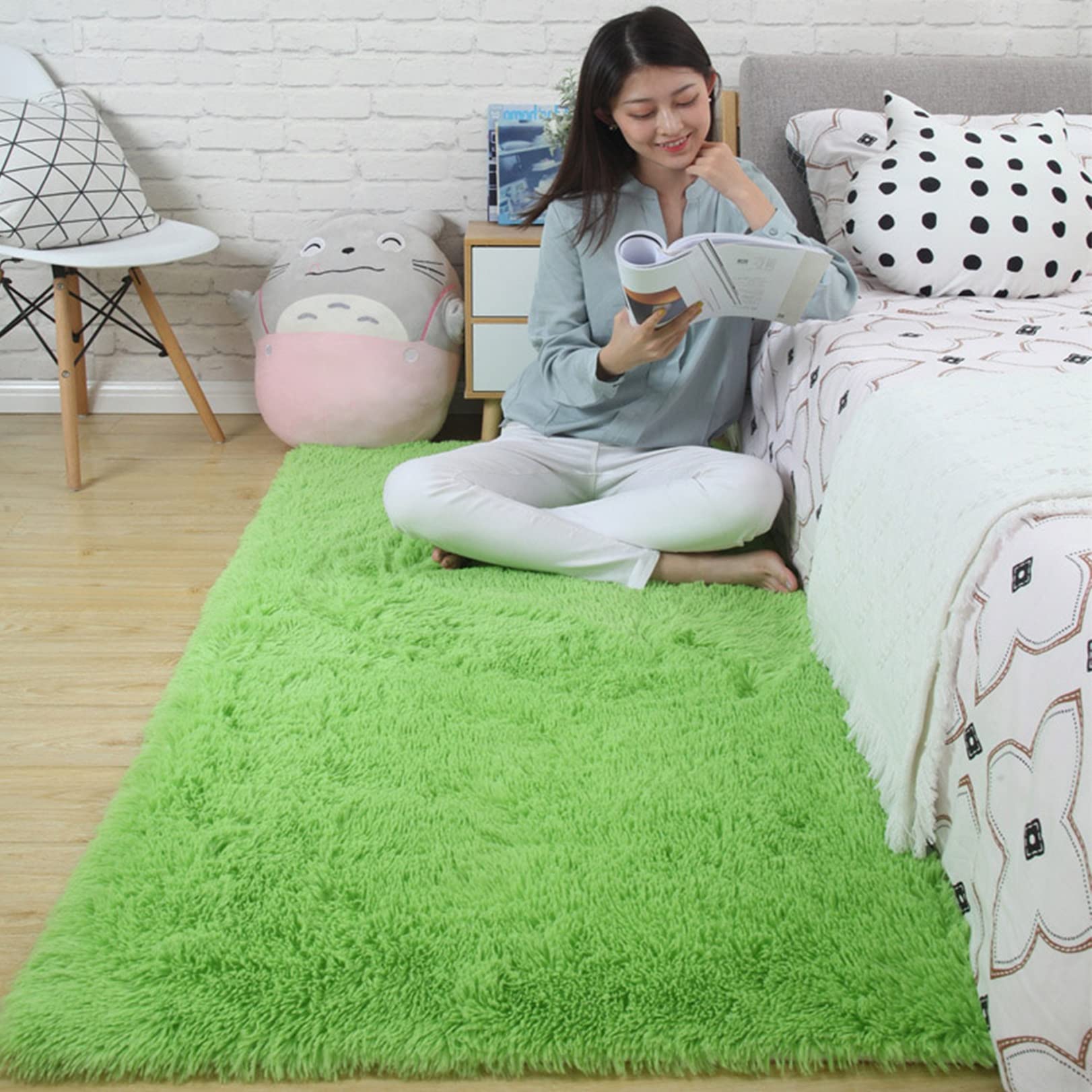 Tapis rectangulaire shaggy vert 120x120cm moelleux anti slip pour canapé