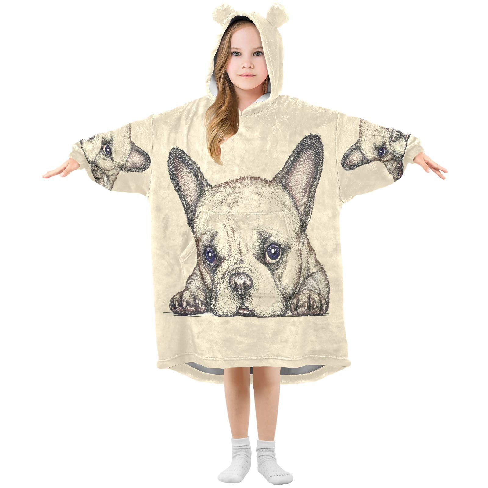 Oversized Blanket Hoodie for Kids Adult Girls Boys Fleece Hoodie Blanket Cute French Dog Bulldog Super Warm Plush Wearable Blanket Hoodie Sweatshirt with Roomy Pocket