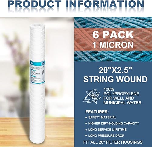 Miniatura 2 de Membrane Solutions Cartucho de polipropileno para heridas de sedimentos de 1 micrón, 2.5 pulgadas de diámetro exterior x 20 pulgadas de longitud,