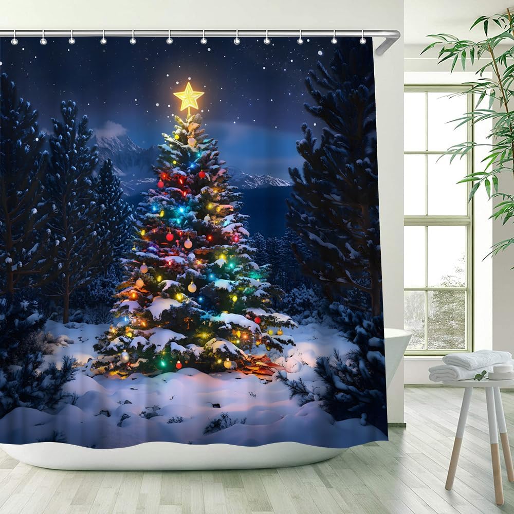 Winter Christmas Tree Shower Curtain Abstract Xmas Ball Snow Forest Mountain Colorful Lights Star Night Scenery Bathroom Decor Polyester Fabric Curtains with Hook 70Wx80H Inches