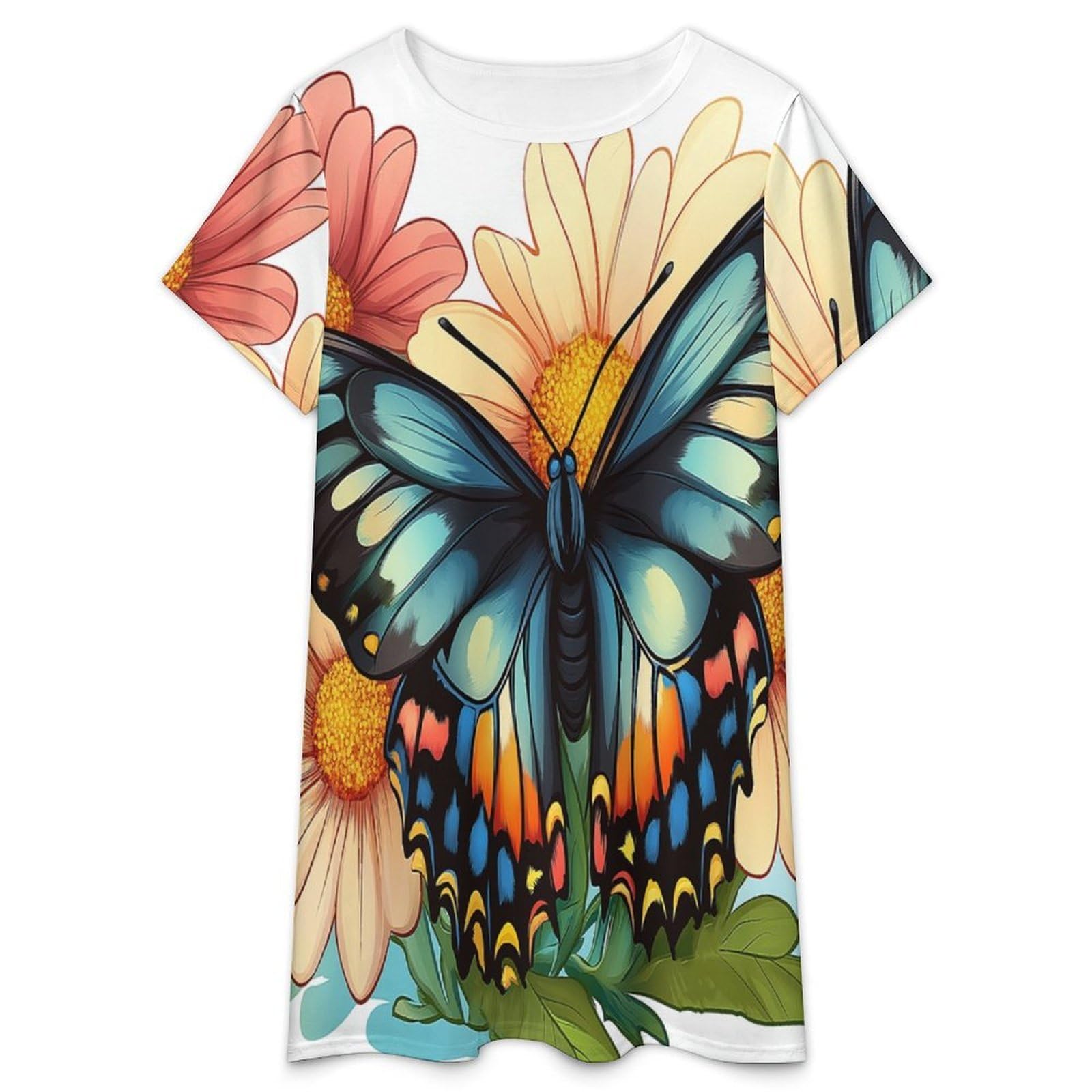 Camicie da Notte da Donna -Fiori E Farfalle Camicia da Notte Estiva da Donna A Maniche Corte Taglie S-3Xl Morbida E Comoda Ideale per Stare in Casa.