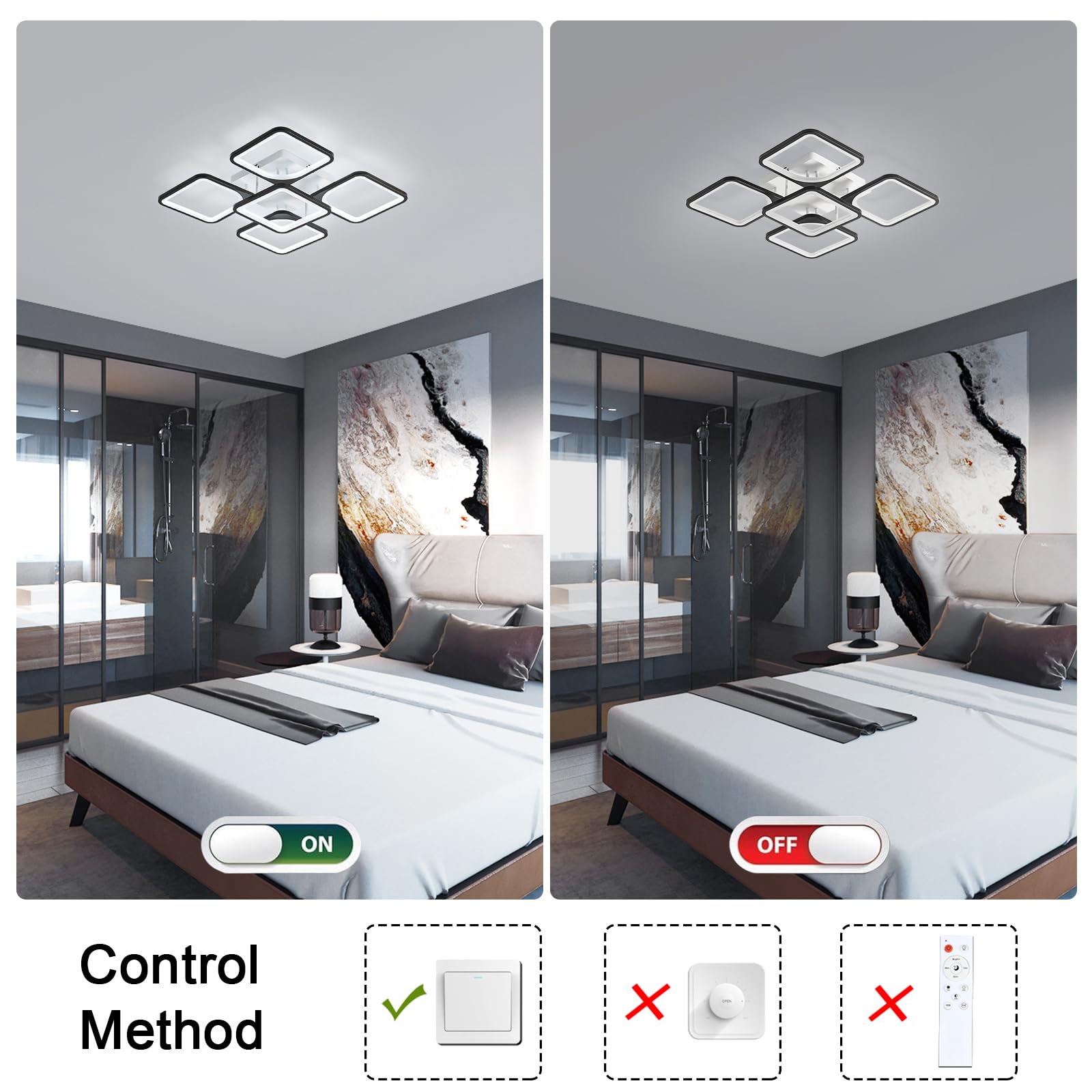 Nowoczesna lampa sufitowa LED, kwadratowa akrylowa lampa sufitowa 75W, czarne zimne białe światło 6500K do salonu, sypialni, gabinetu (5 żarówek)