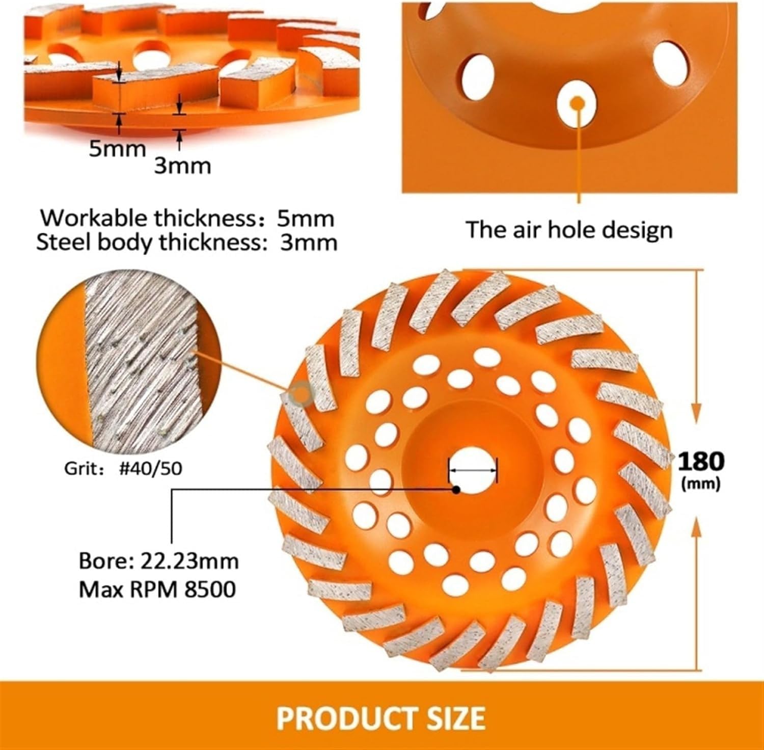 Diamentowa tarcza szlifierska, Ściernica diamentowa do betonu, marmuru, kamienia, granitu, średnica 4-7 cali, średnica 22,23 mm, 4 szt.(1pc 180mm)