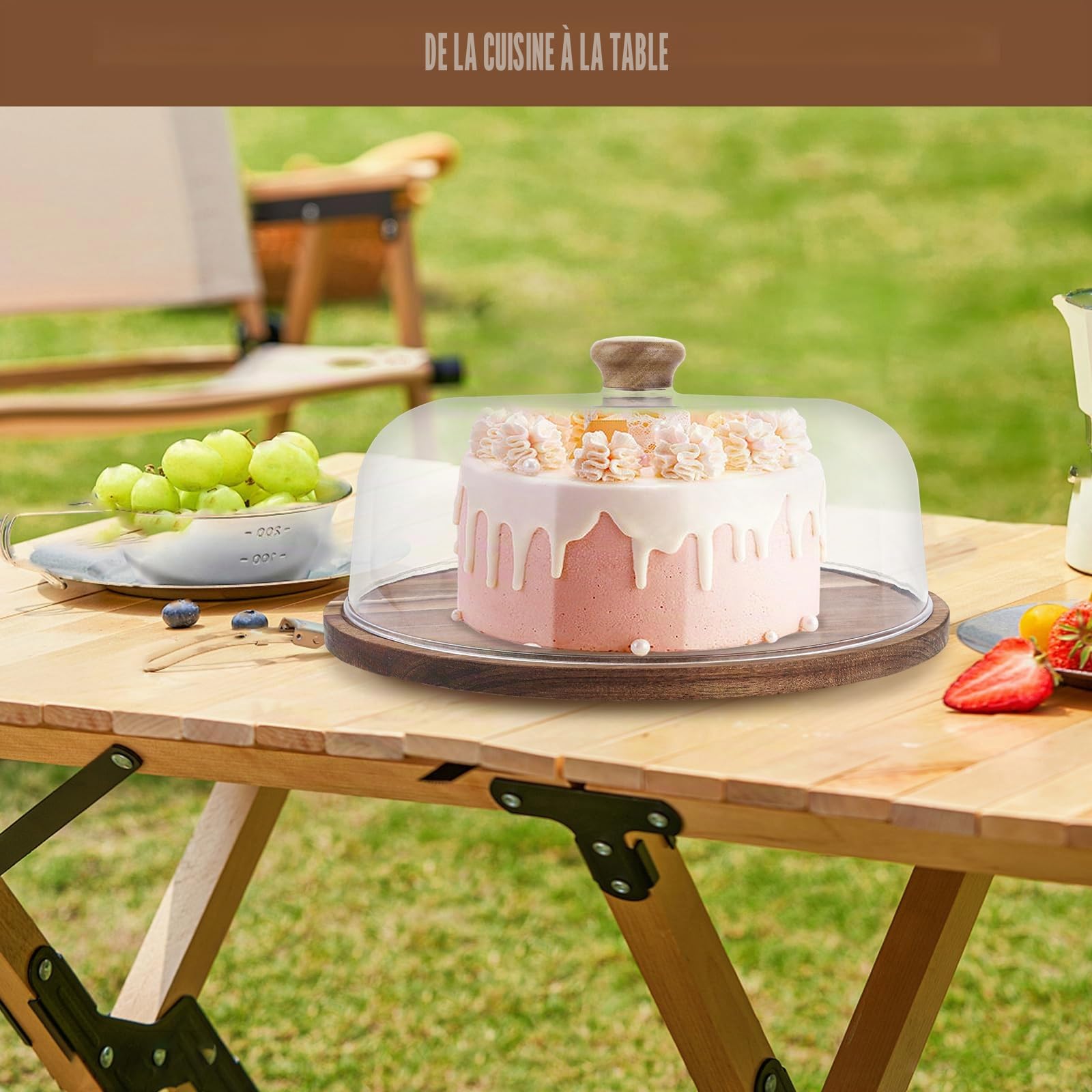 Plateau Tournant Patisserie en Bois D'acacia avec Cloche, Presentoir A Gateau 29,5 x 24 cm, Plateau Gateau Rond avec Couvercle pour Dessert Buffet