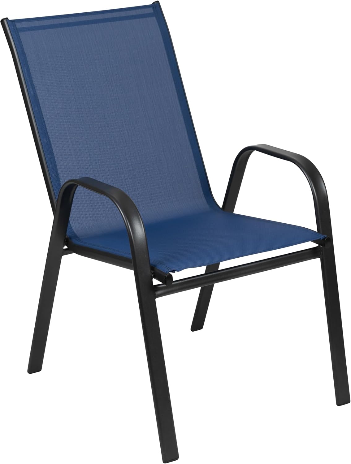 EMMA + OLIVER Bartlett 5-Piece Outdoor Dining Set, Patio Table with Tempered Glass Top and Umbrella Hole, 4 Flex Comfort Textilene Stack Chairs, 47", Navy/Black