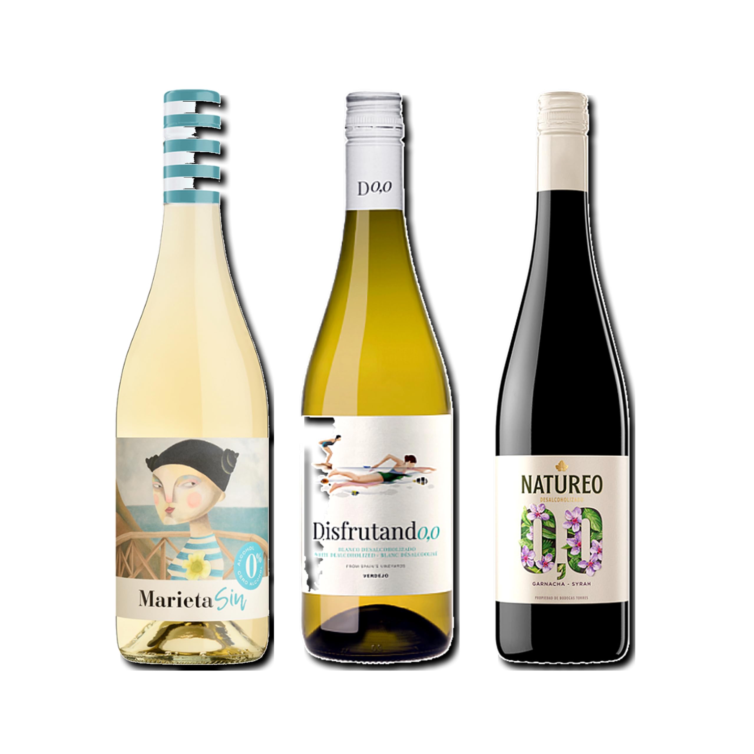 vino sin alcohol 0,0 Marieta, Disfrutando 0,0 Blanco y Natureo Tinto pack de 3 botellas 75cl