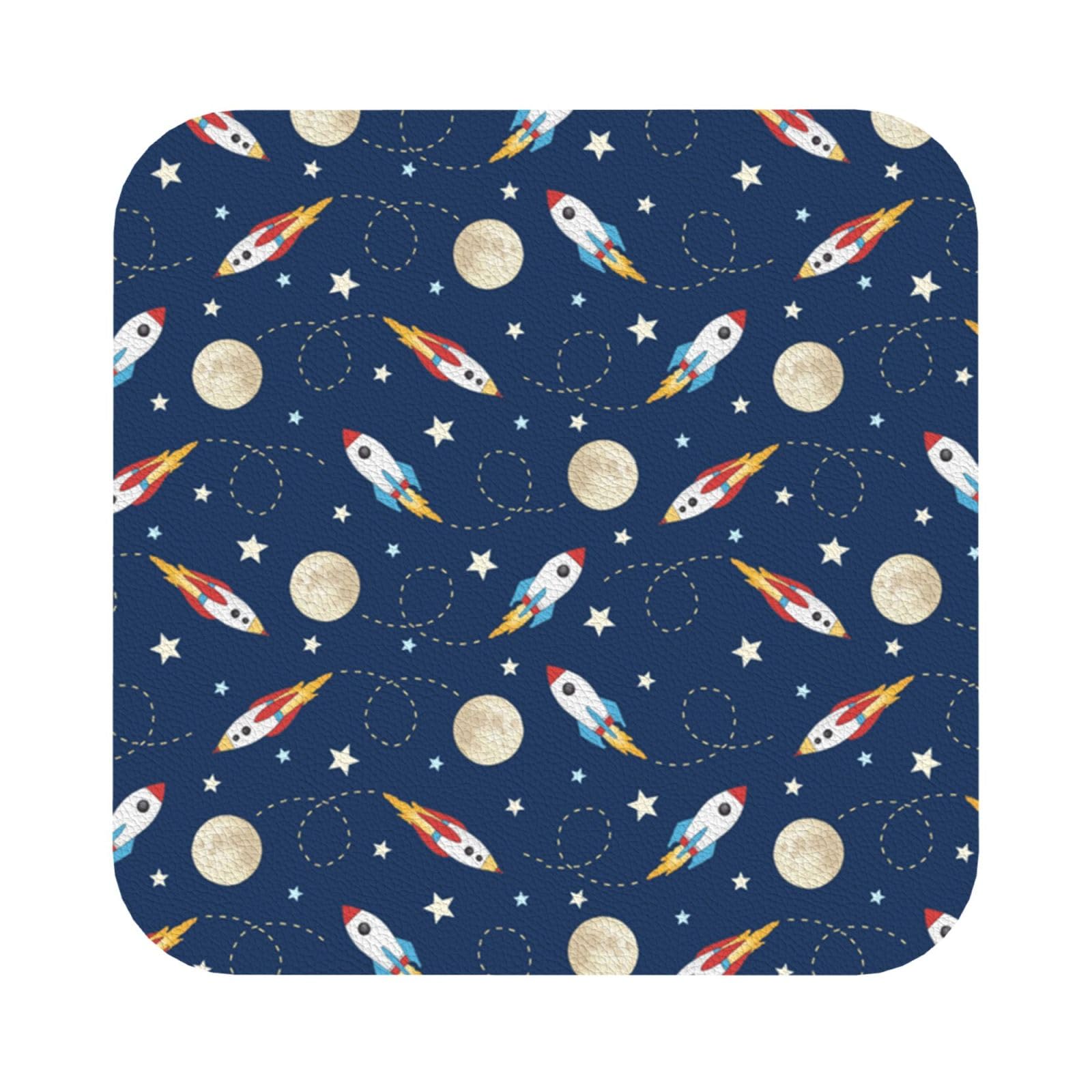 Rocket in Space PU Leather Coasters Set of 6 Square Drink Coasters