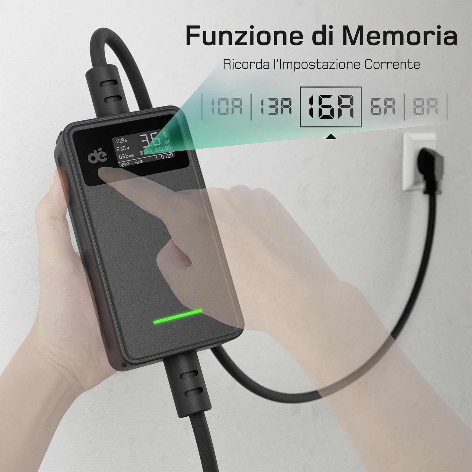 dé Cavo Ricarica Auto Elettrica Tipo 2 Schuko 3,7kW [6m | Monofase| 6/8/10/13/16A] Carichino Auto Elettrica con LCD Controllo Digitale Compatibile con Model 3/Y, e-208, Fortwo, Q4 e Altri EV/PHEV