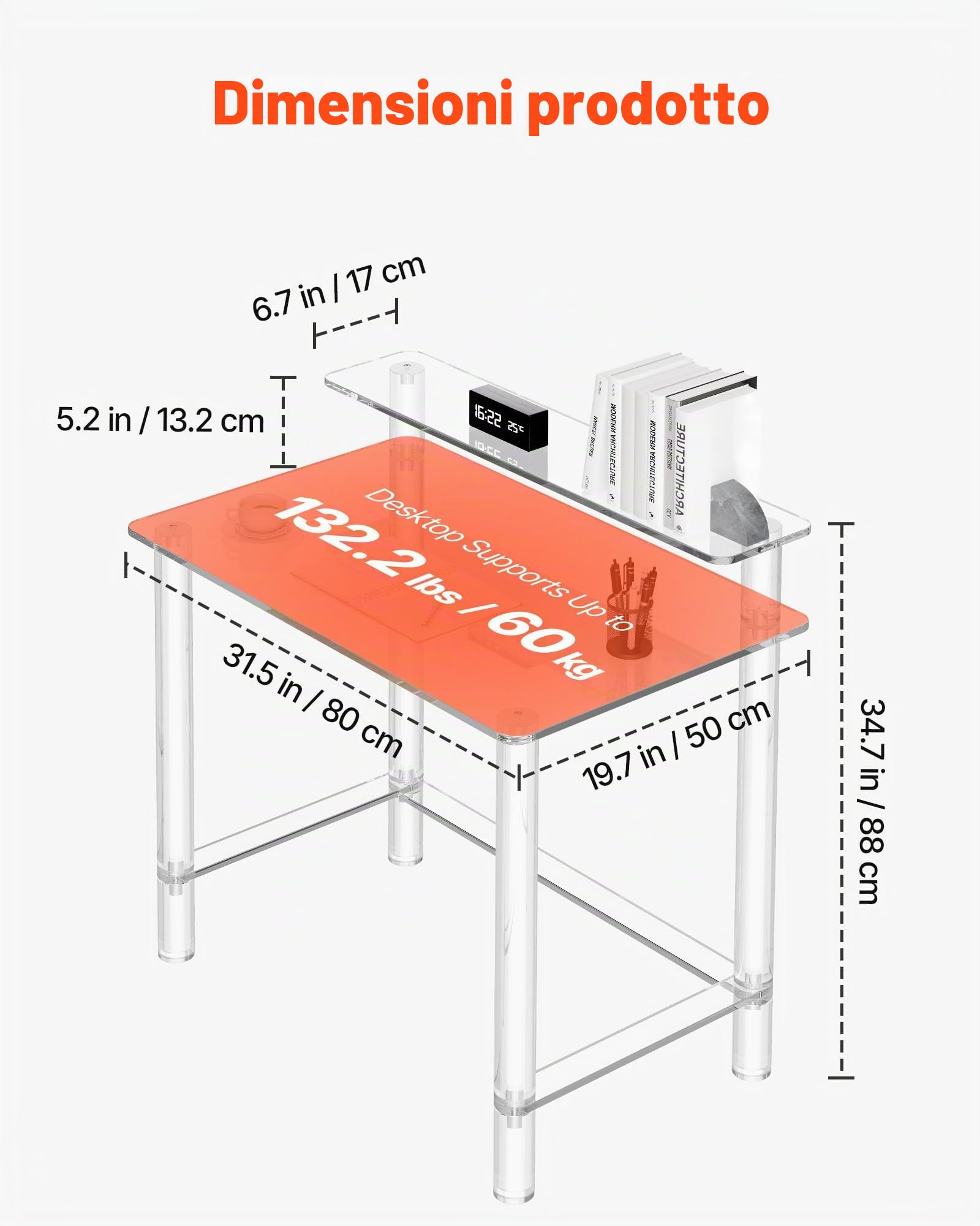 VEVOR Scrivania in Acrilico, Rettangolare a 2 Livelli Capacità di Carico 60 kg, Moderno Tavolino da Computer, per Camera da Letto, Isola Cucina, Ristorante, Ufficio, 50 x 80 x 88 cm, Trasparente