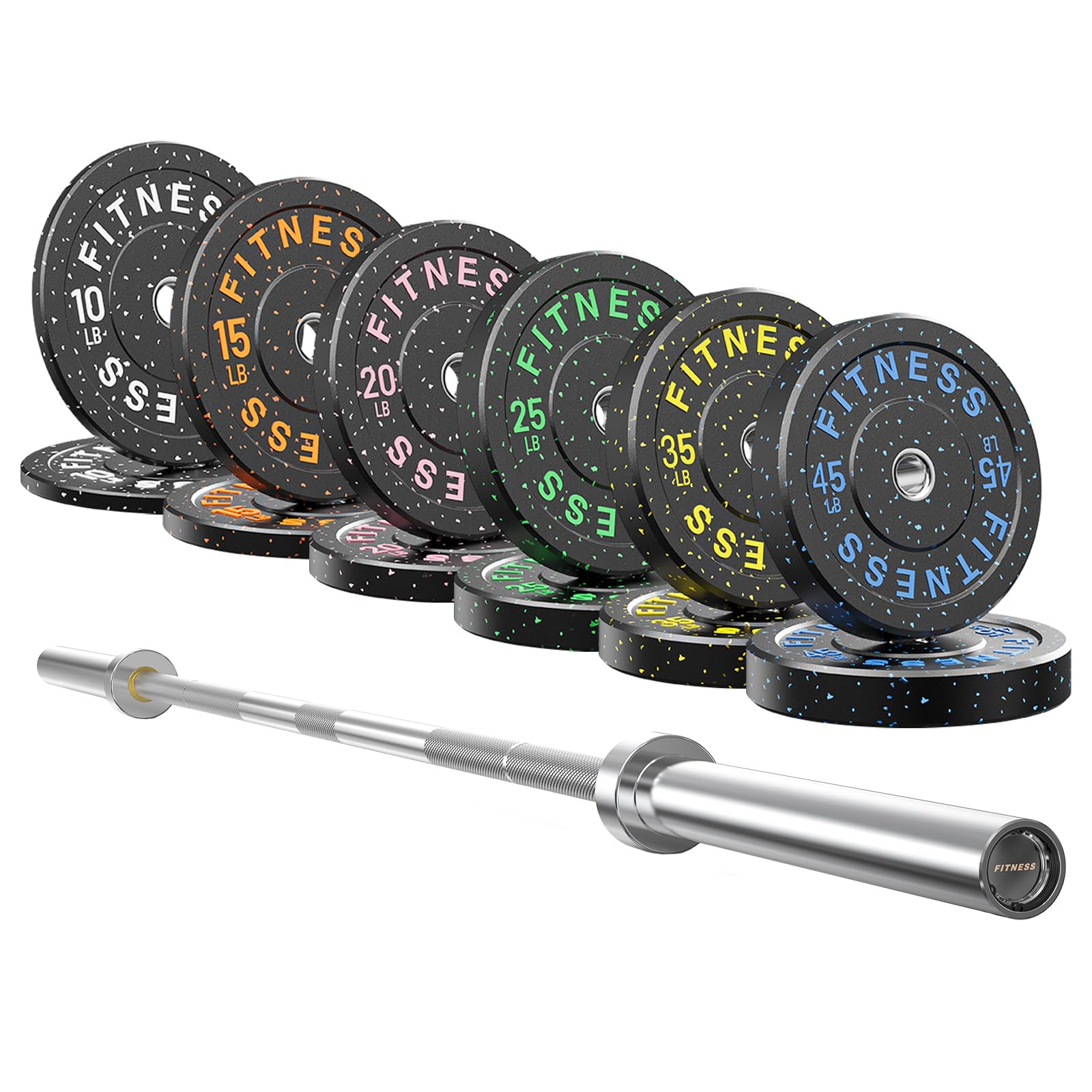PAPABABE 7ft Olympic Barbell + Bumper Plate Set