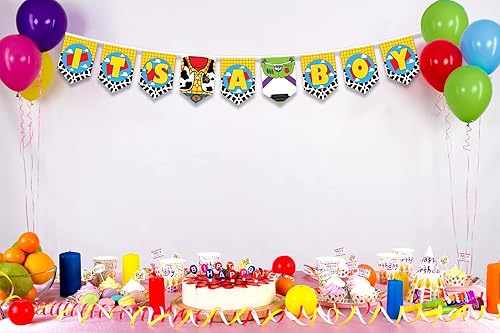 Miniatura 7 de Decoraciones de baby shower para niño, cartel con texto en inglés "It's a boy" para baby shower, guirnalda de bautizo, historia temática de juguete,
