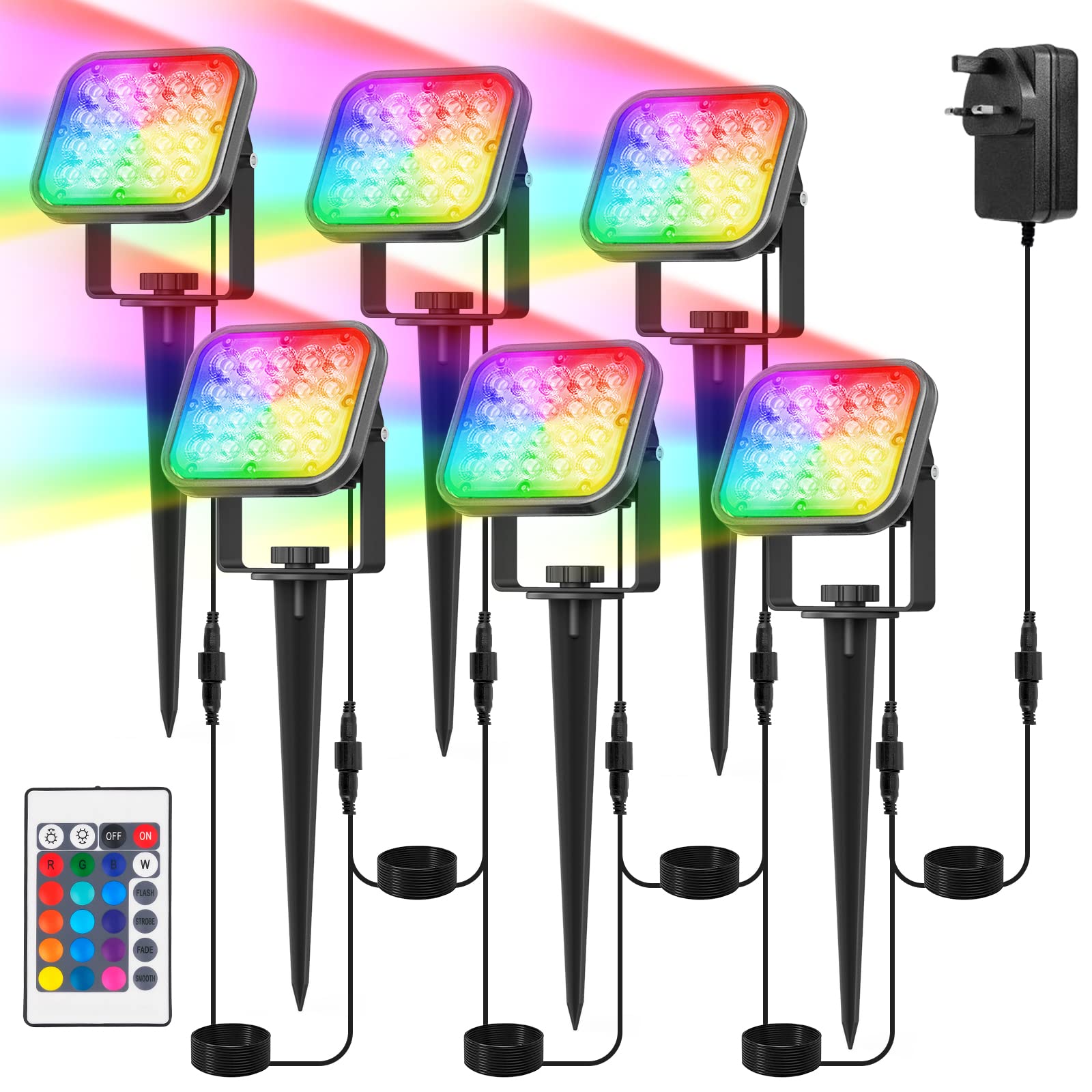 T-SUN 6-in-1 Garden Spot Lights Mains Powered,12V 24W RGB LED Garden Spike Lights with Remote & App Control,IP65 Waterproof Outdoor Spotlight,39.36FT Cable Landscape Spot Lights for Lawn Yard Pathway