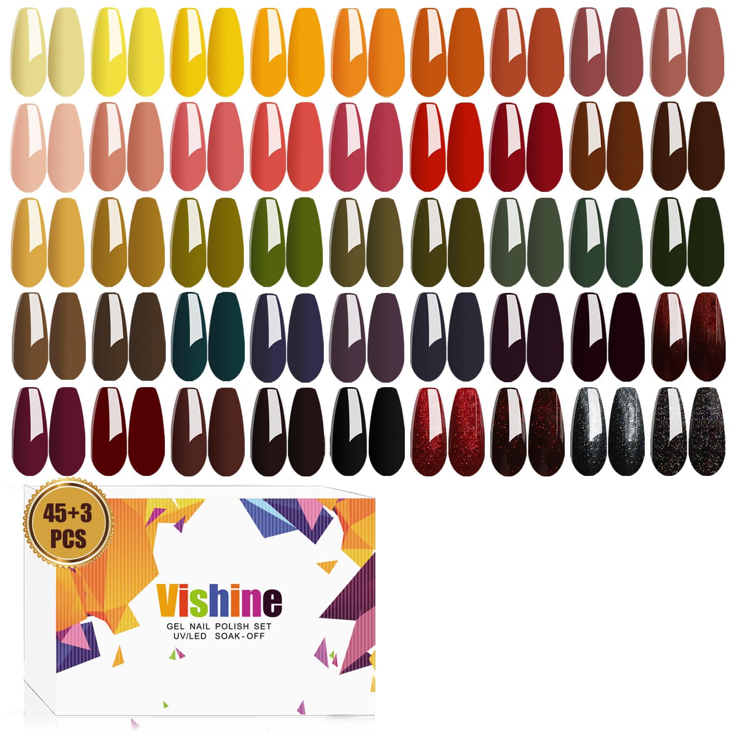 Vishine Set de Esmalte UV, 48 Piezas con Base, Top Coat Brillante y Mate, Colores Clásicos para Otoño e Invierno, Shellac, Kit de Diseño de Uñas 8ml