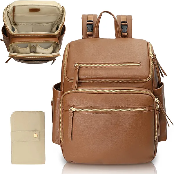 Omanmoli Diaper Bag Backpack Large Baby Diaper Bag Leather with 17 Diaper Bag Organizing Pouches,Changing Pad,Stroller Straps,4 Insulated Pockets,Brown