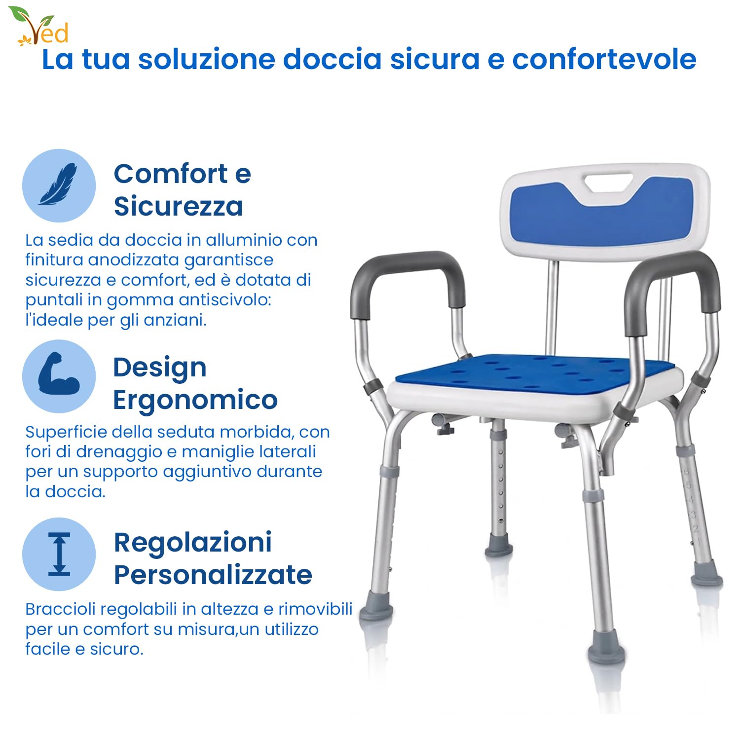 VED Sedia da Doccia Regolabile in 6 Altezze con Braccioli Imbottiti e Piedini Antiscivolo per Anziani, Disabili e Donne Incinte, Capacità 150 kg