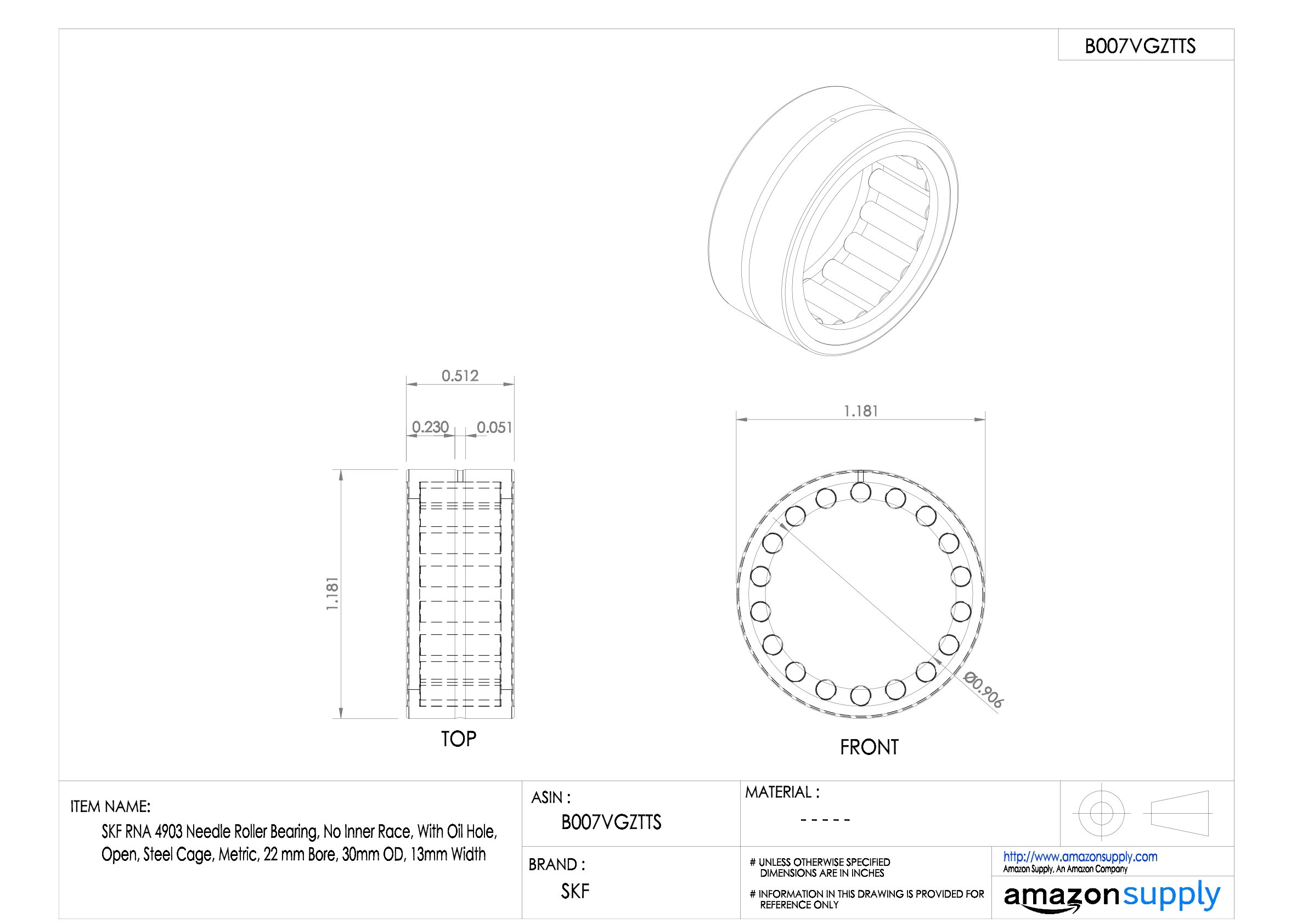 SKF RNA 4903 Rodamiento de agujas radial, 22.000 ID, rodamiento de acero