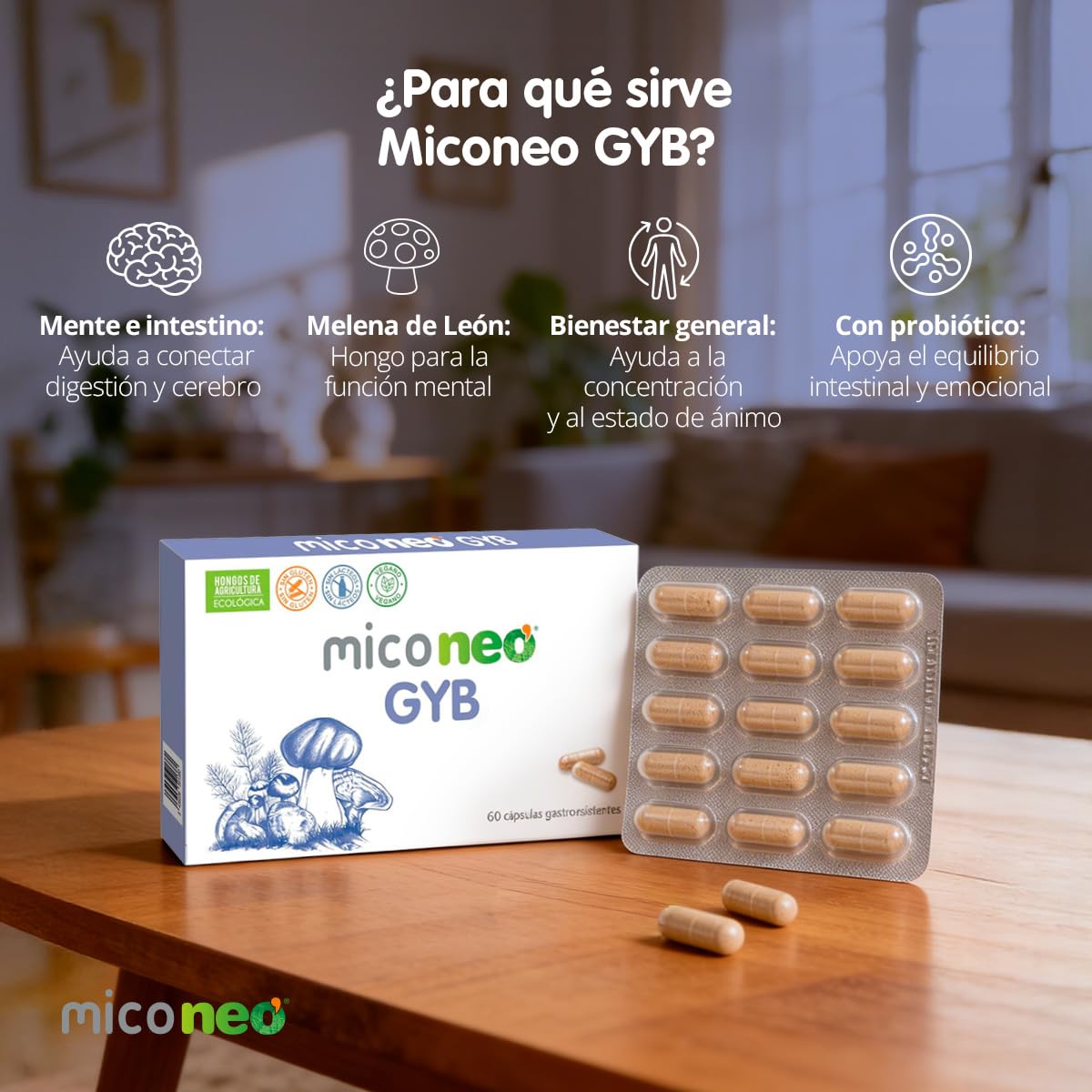 MICO NEO | GYB | 60 Cápsulas | Suplemento Alimenticio de Hongos Naturales Para Equilibrio intestinal y claridad mental | Con Melena de León y Probiótico | Equilibrio intestinal, Claridad mental, Con Melena de León, Con Probiótico
